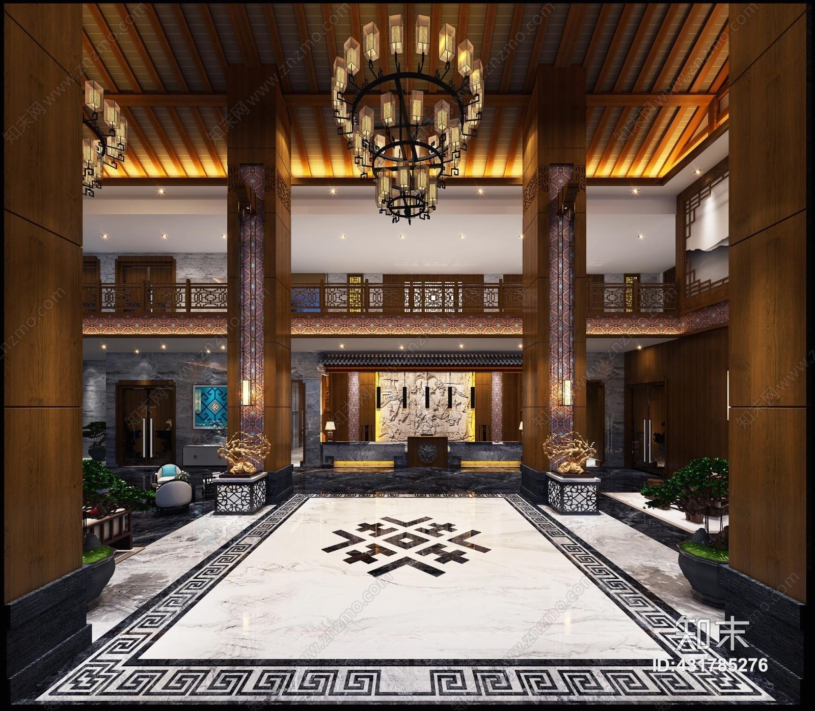 新中式少数民族主题酒店大厅新中式吊灯3D模型下载【ID:431785276】