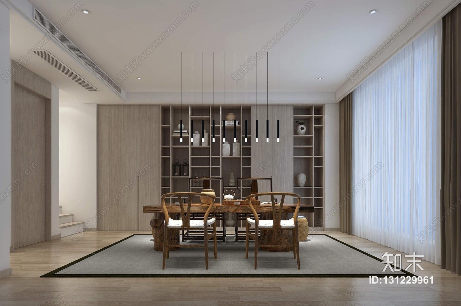 现代极简茶室禅意吊灯书柜茶台地毯3D模型下载【ID:131229961】