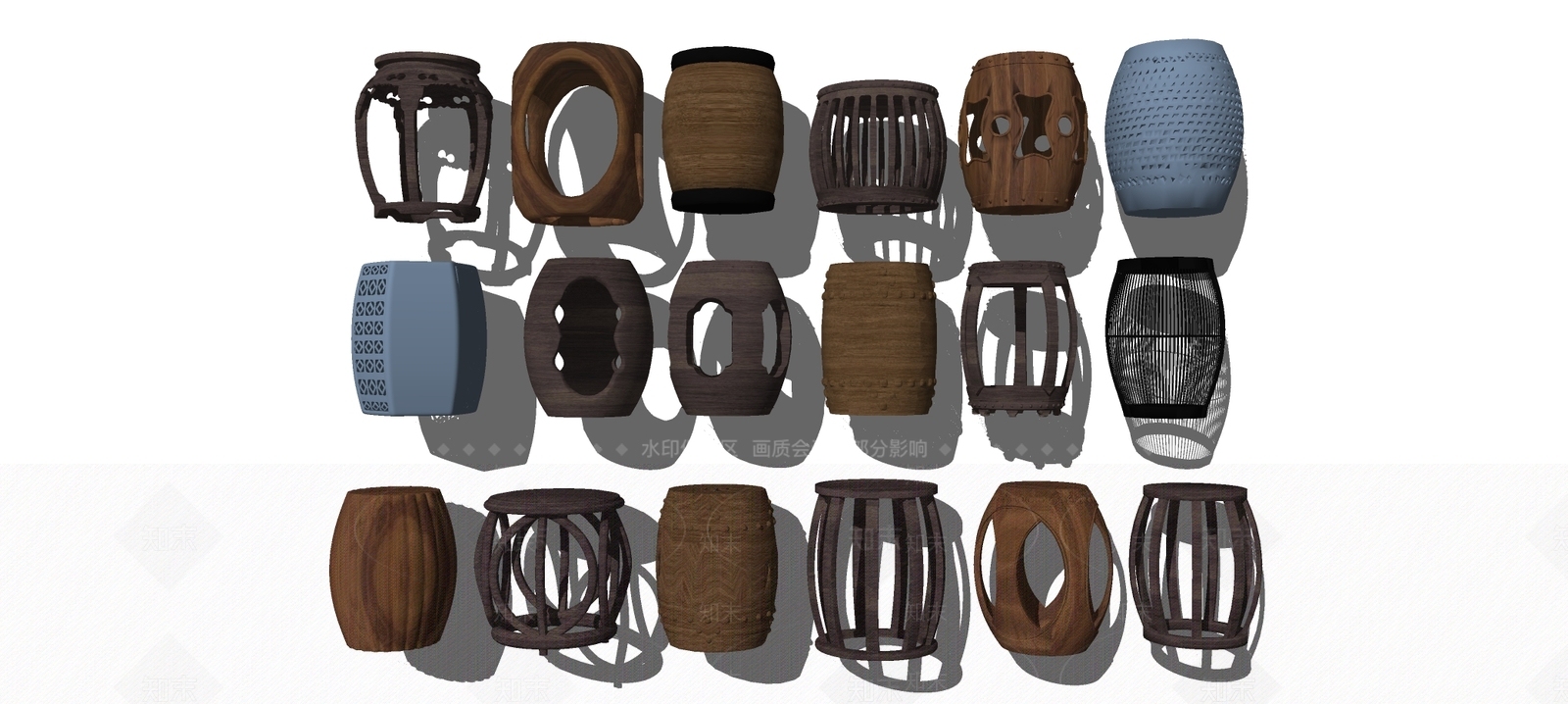 新中式鼓凳凳子组合SU模型下载【ID:934186449】