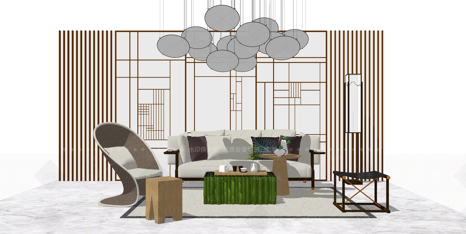新中式沙发藤椅吊灯组合SU模型下载【ID:732949636】