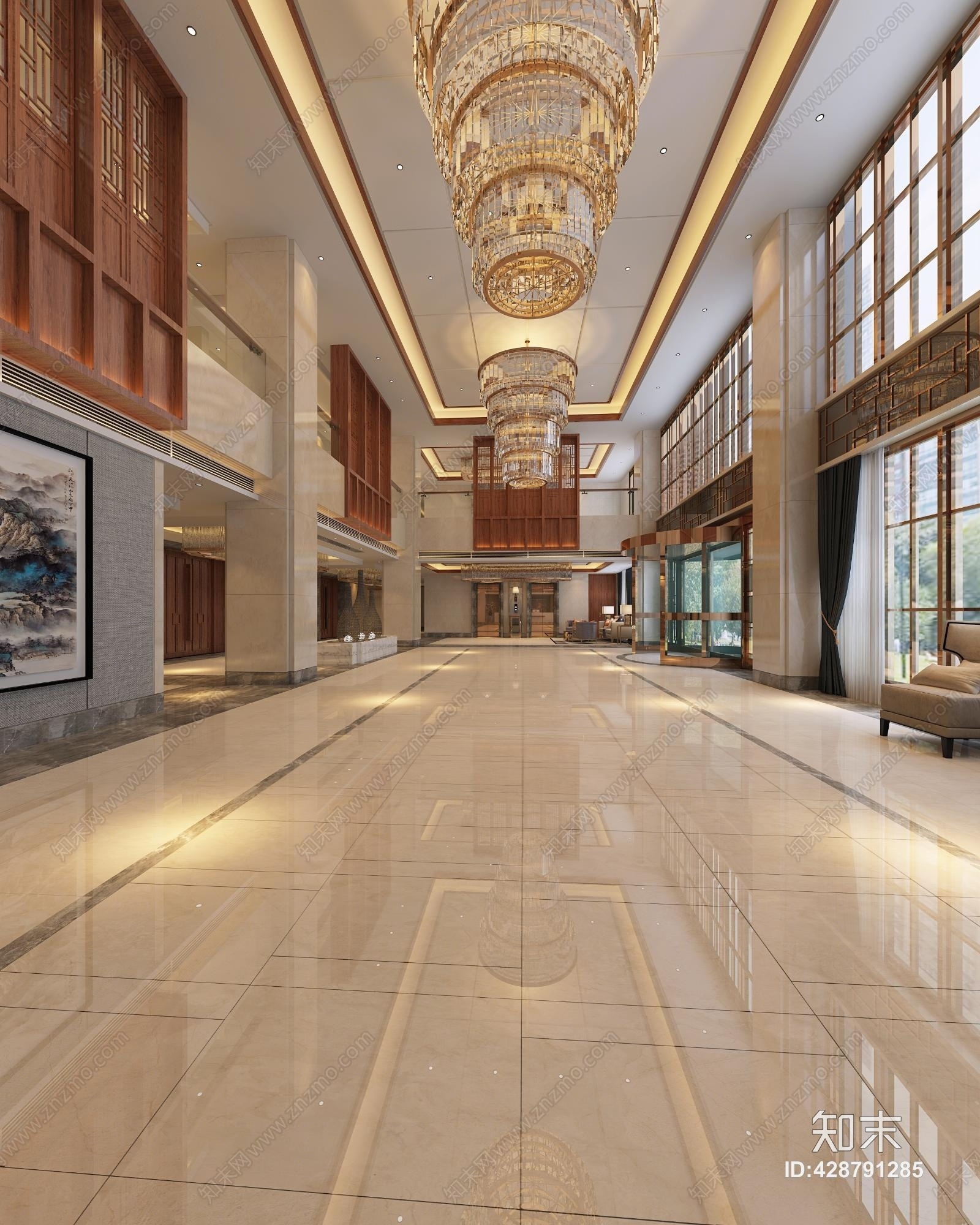 新中式酒店大厅吧台吊灯组合3D模型下载【ID:428791285】