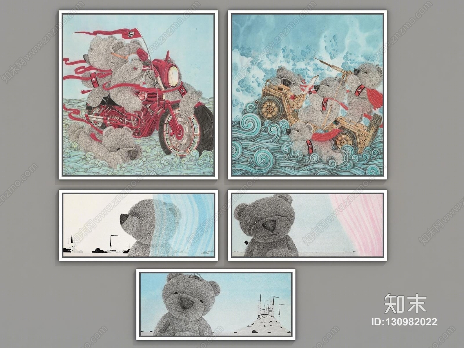 现代儿童房公主房熊组合相框墙画3D模型下载【ID:130982022】