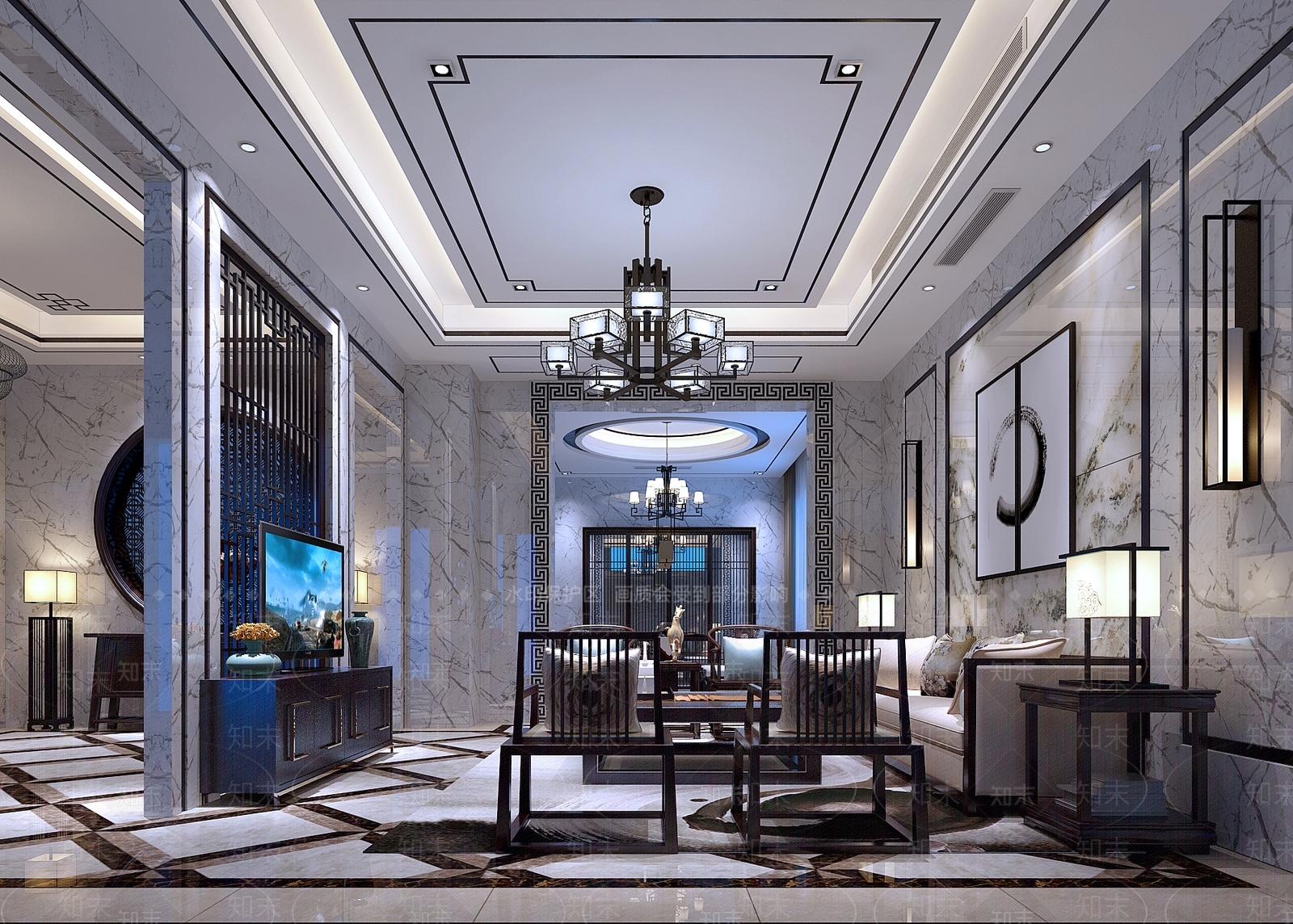 新中式客厅沙发茶几电视柜吊灯台灯壁灯装饰画地毯3D模型下载【ID:733004887】