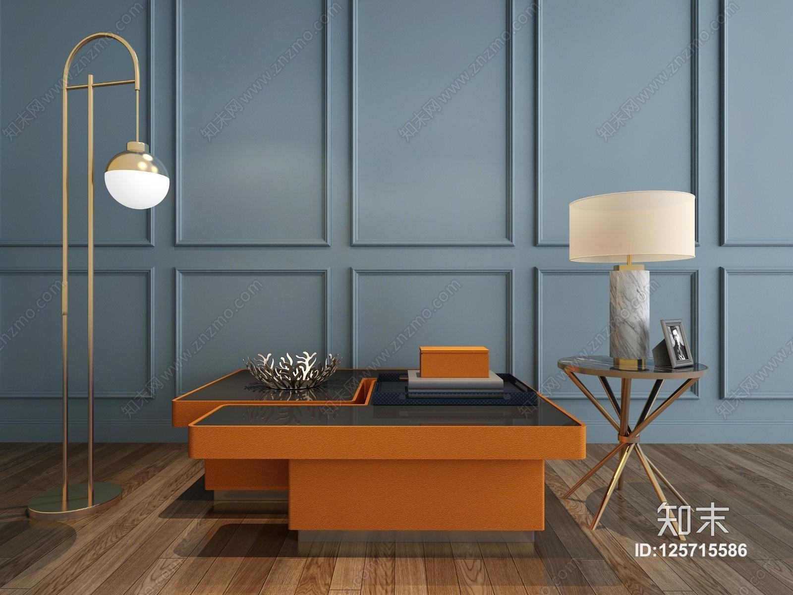 现代家具茶几落地灯装饰品组合3D模型下载【ID:125715586】