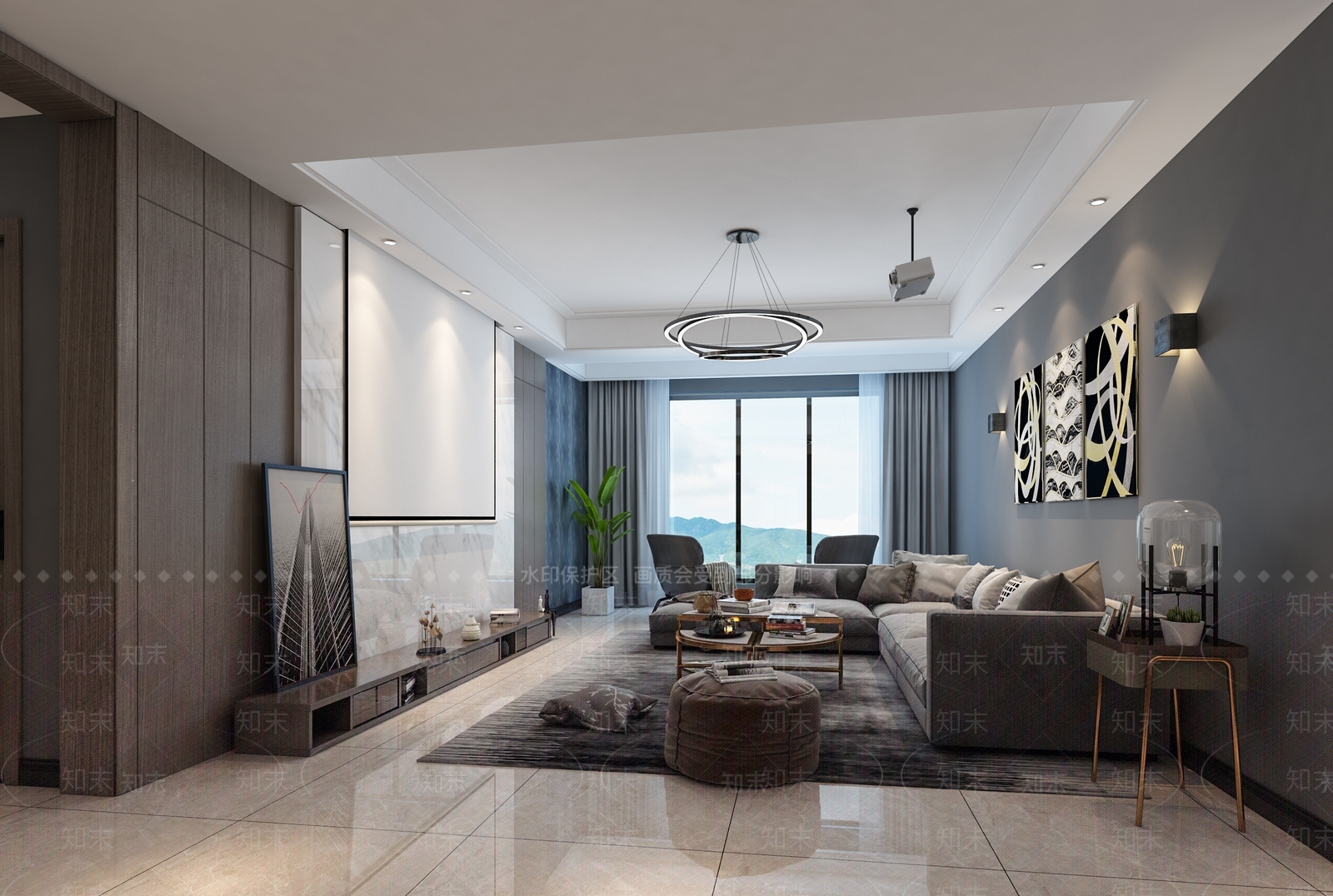 现代黑白灰客餐厅模型3D模型下载【ID:734391780】