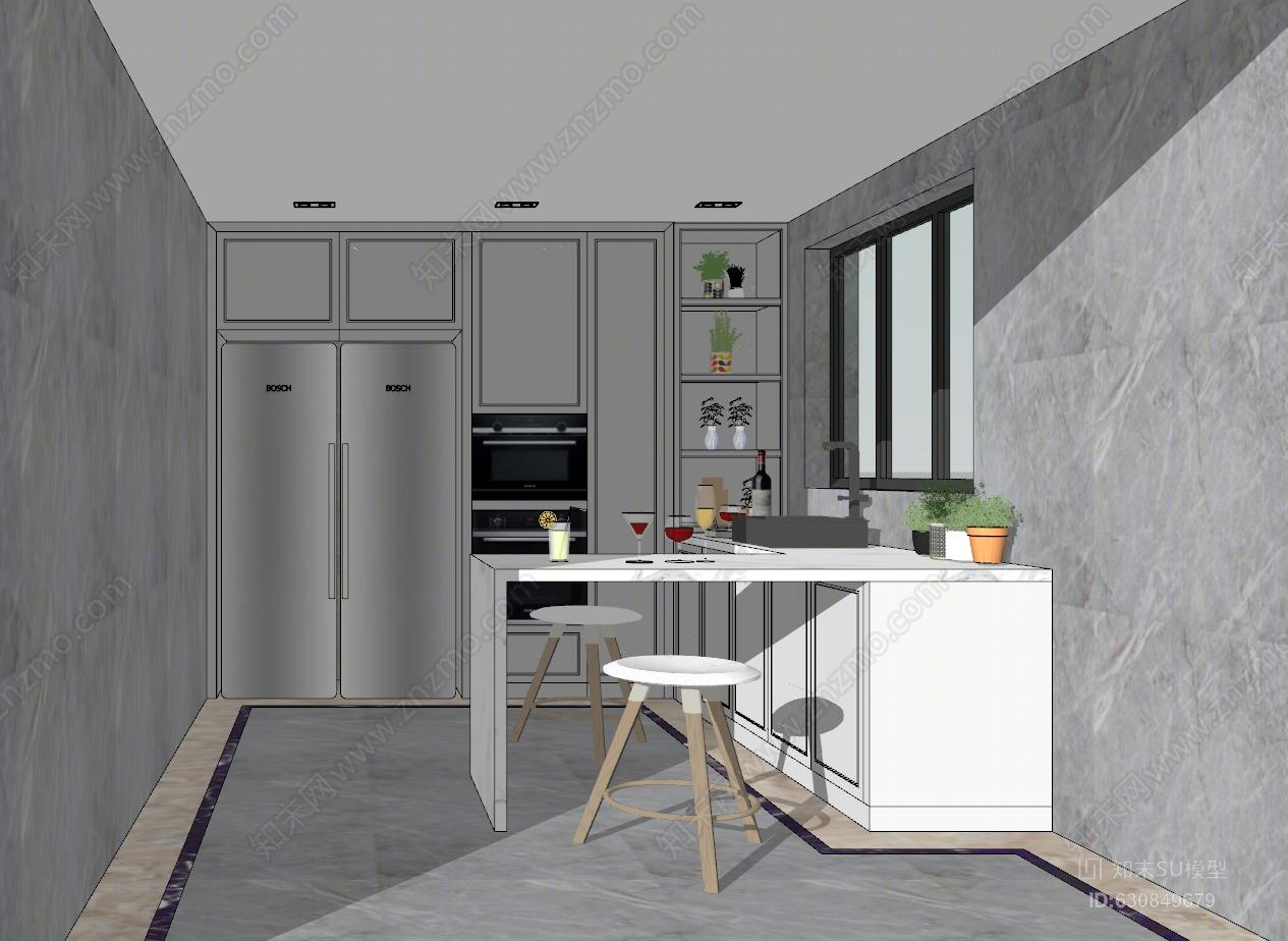 现代风格餐厅西厨水吧台室内SU模型下载【ID:630849679】
