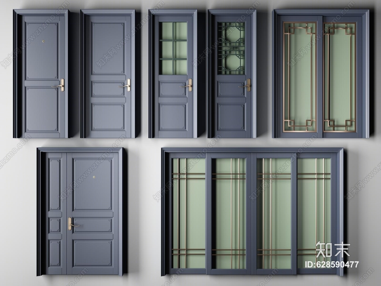 新中式烤漆实木门组合指母门推拉门厕所门房门3D模型下载【ID:628590477】