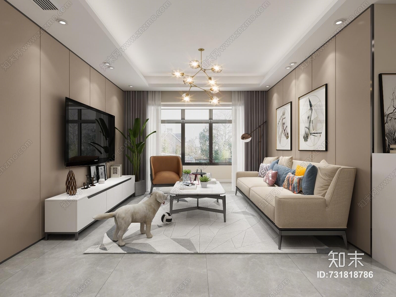 现代客餐厅吊灯沙发小狗绿植电视柜餐桌椅电视挂画地毯3D模型下载【ID:731818786】