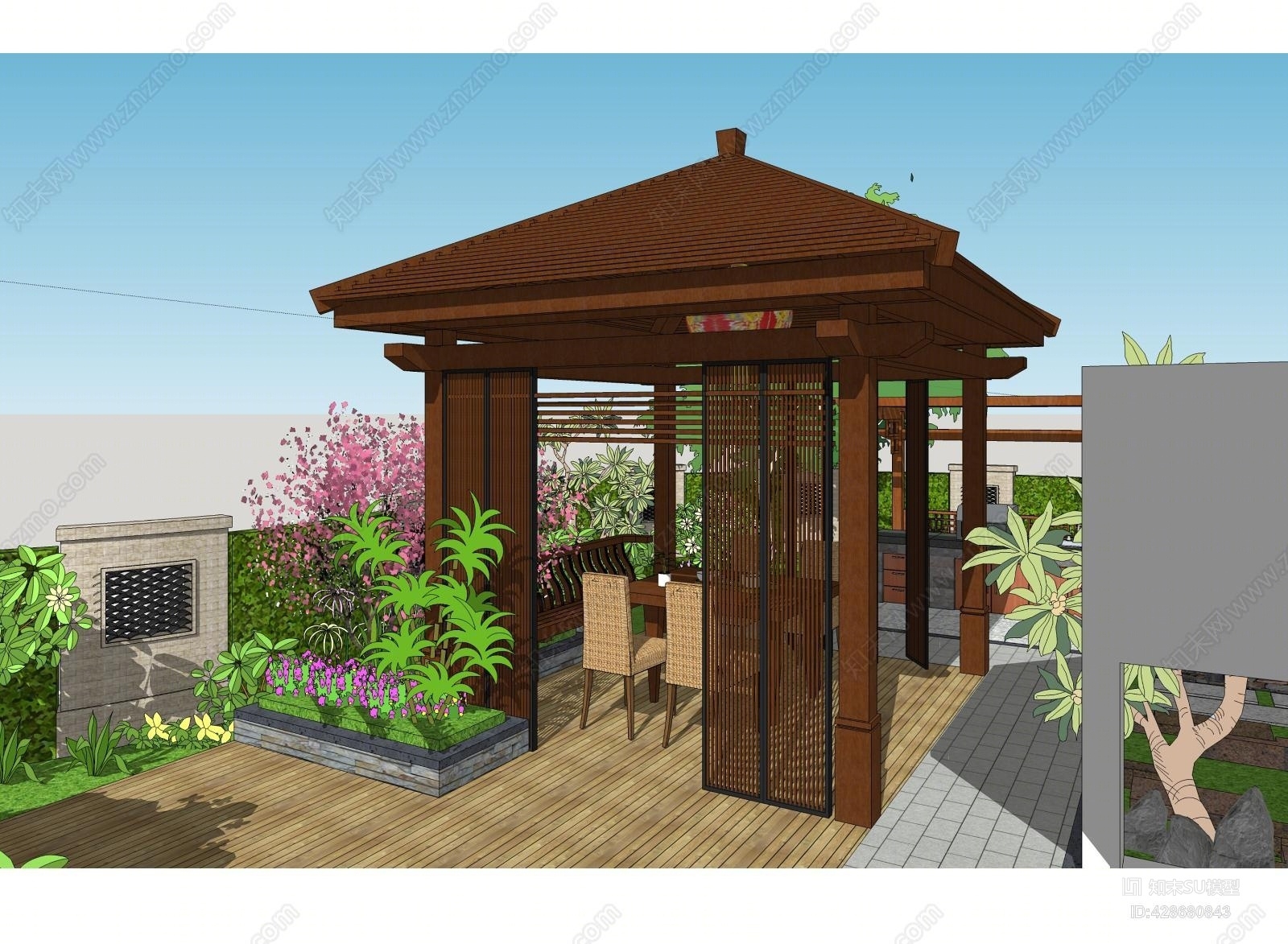 中式防腐木凉亭SU模型下载【ID:428680843】