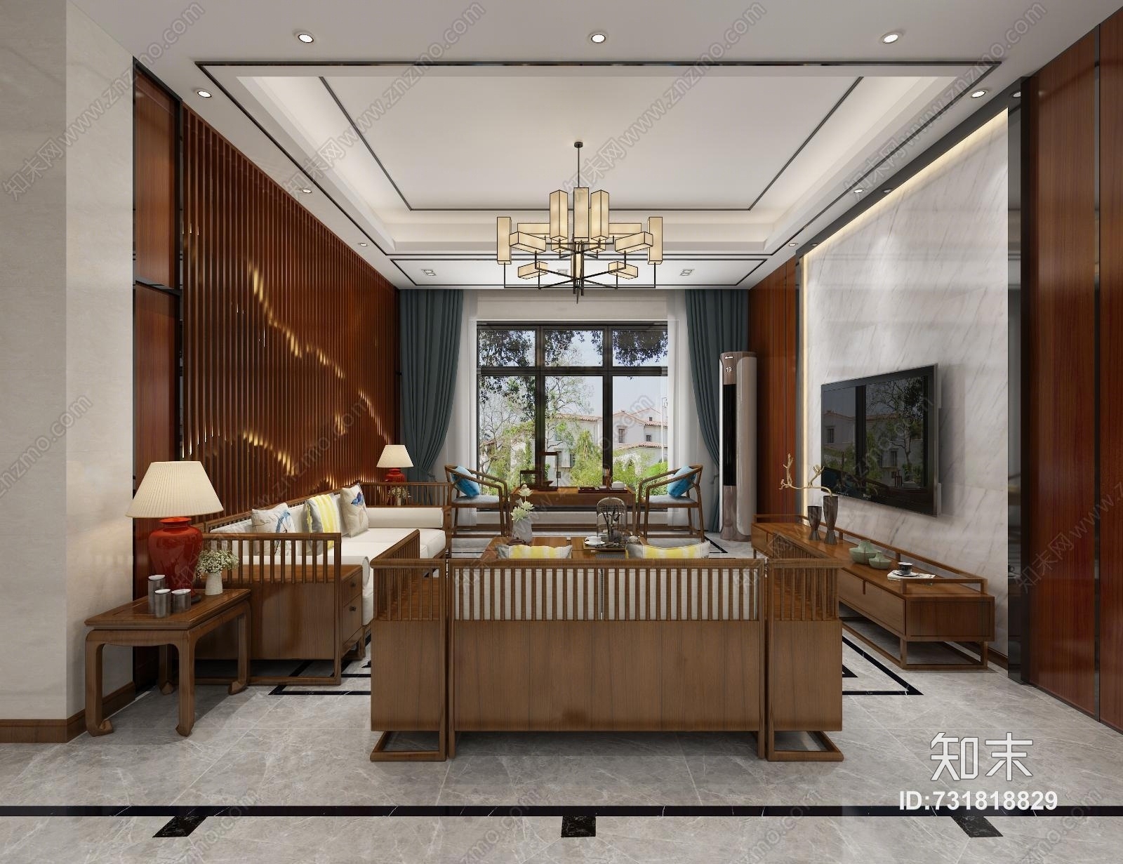 新中式新中客餐厅玄关新中沙发组餐桌椅酒柜吊灯玄关柜茶桌边几3D模型下载【ID:731818829】