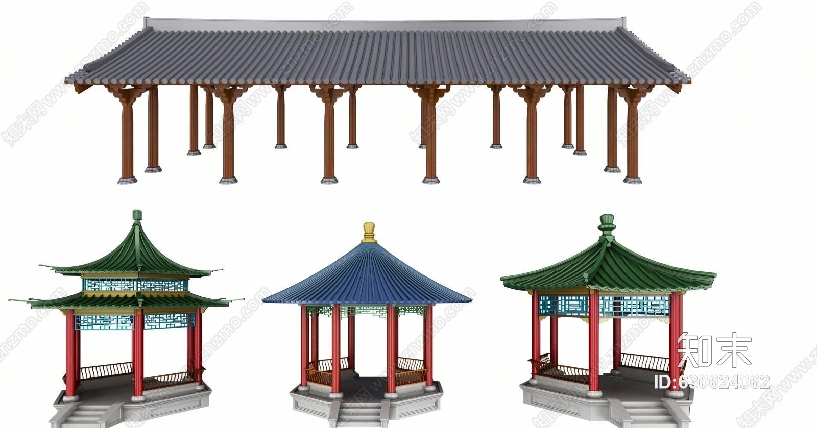 中式凉亭组合模型3D模型下载【ID:630624062】