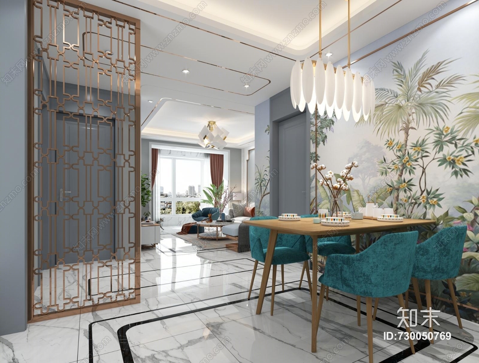 现代简约客餐厅金属隔断猫轻奢金属灯具3D模型下载【ID:730050769】