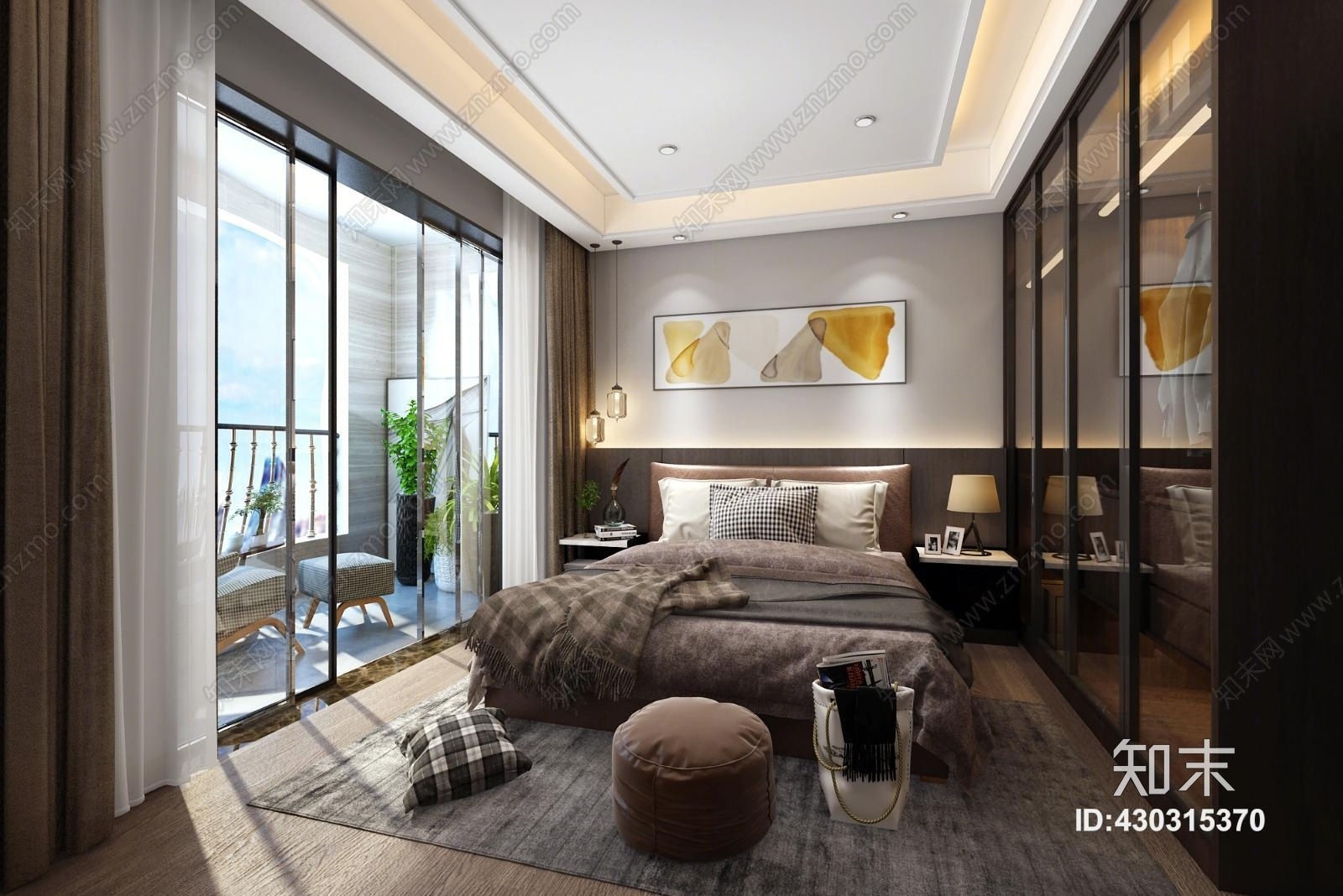 现代风格带阳台卧室3D模型下载【ID:430315370】