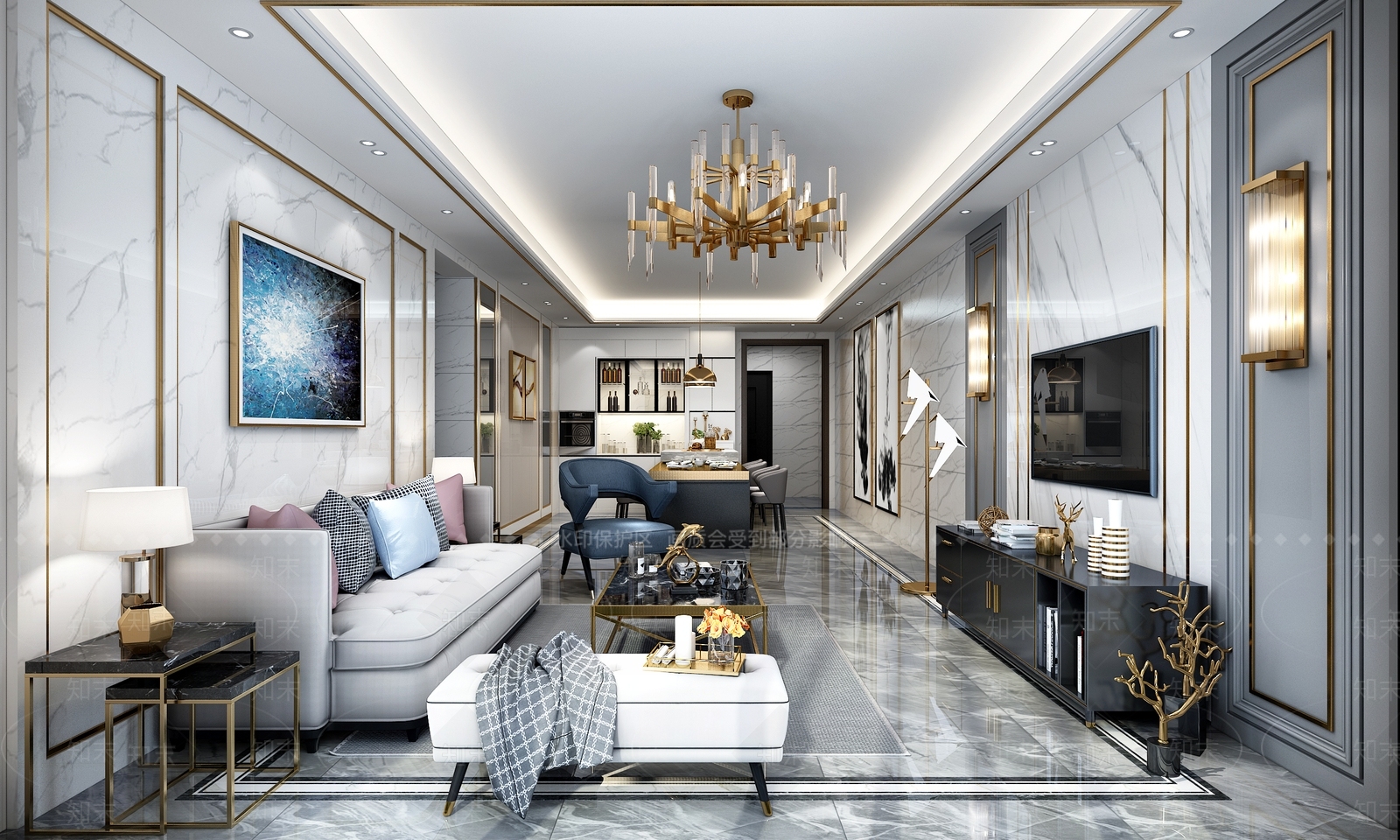 后现代客餐厅沙发茶几电视柜吊灯3D模型下载【ID:835232387】