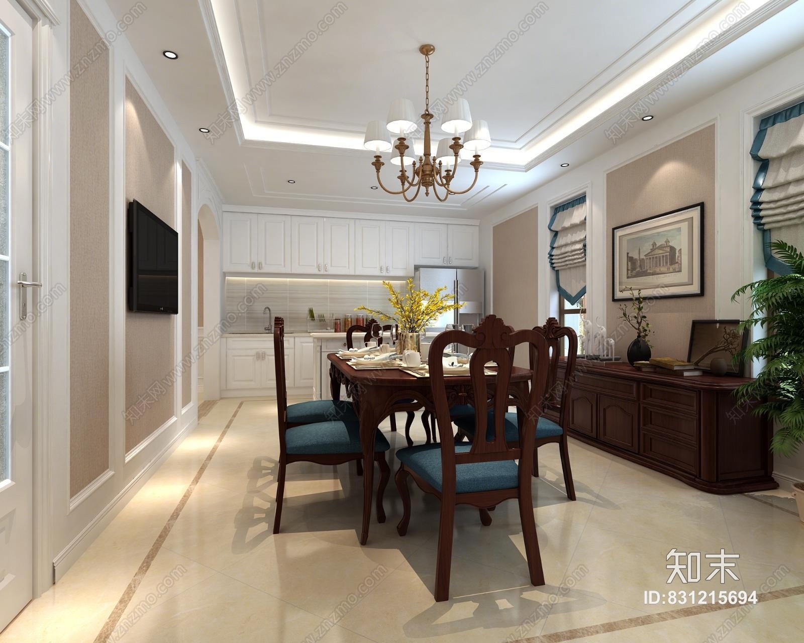 美式简约美式餐厅餐桌椅组合边柜吊灯橱柜冰箱窗帘3D模型下载【ID:831215694】