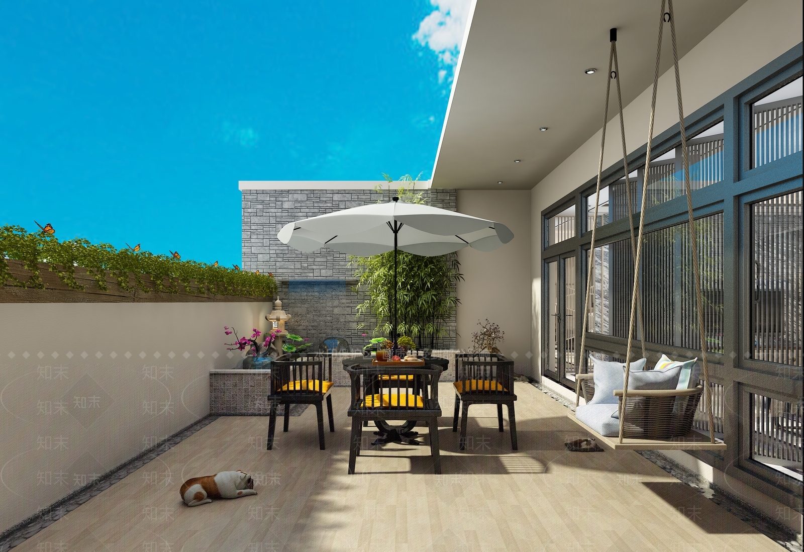 新中式露天阳台吊椅绿植水景茶桌3D模型下载【ID:735266831】