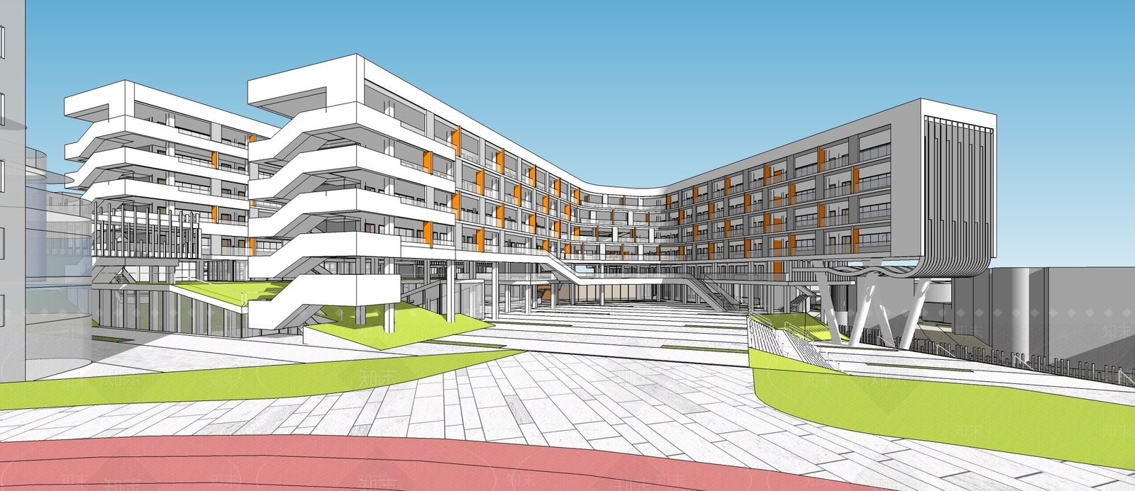 现代风格中学校区SU模型下载【ID:834296279】