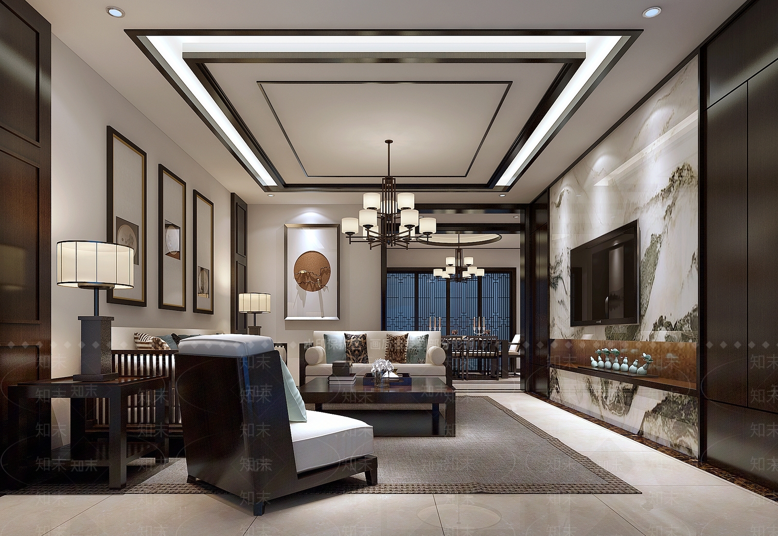 新中式现代中式客餐厅沙发茶几电视柜地毯吊灯台灯装饰画餐桌3D模型下载【ID:733006725】