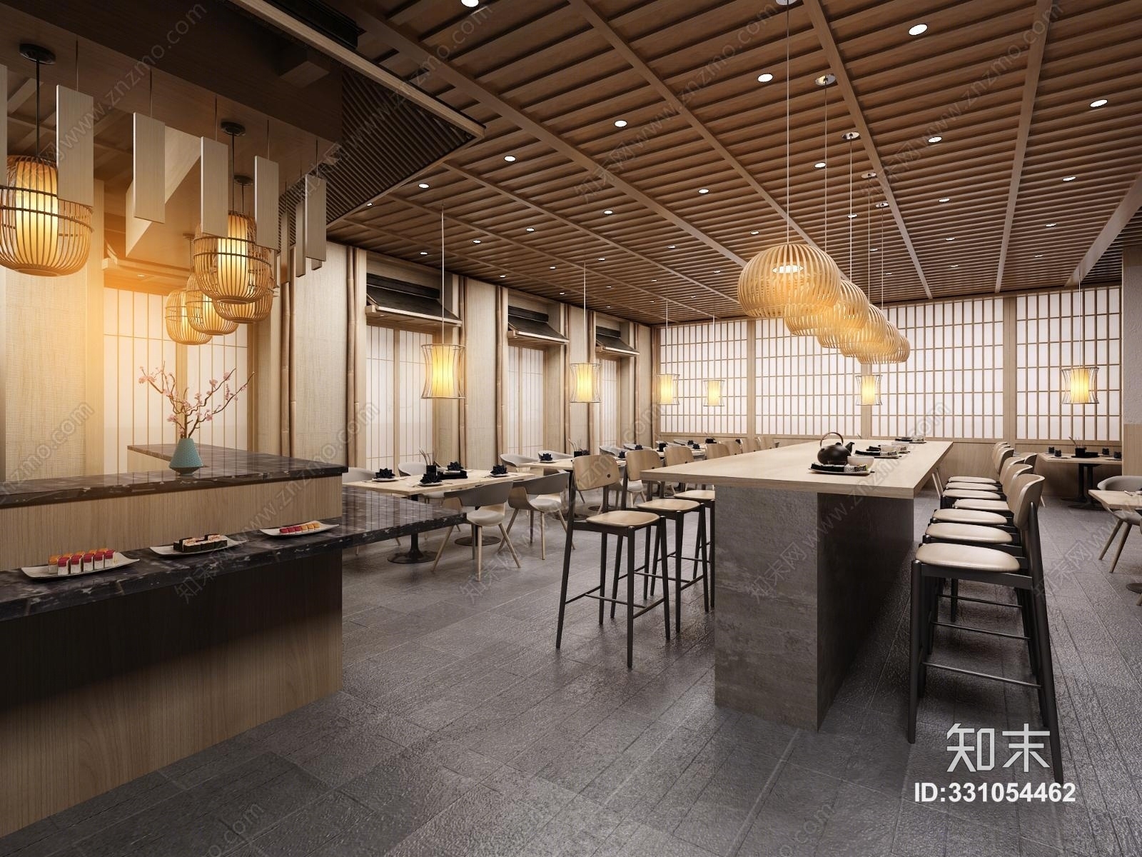 新中式餐厅中餐厅吊灯吧台中式吊顶吧台椅厨房置物柜3D模型下载【ID:331054462】