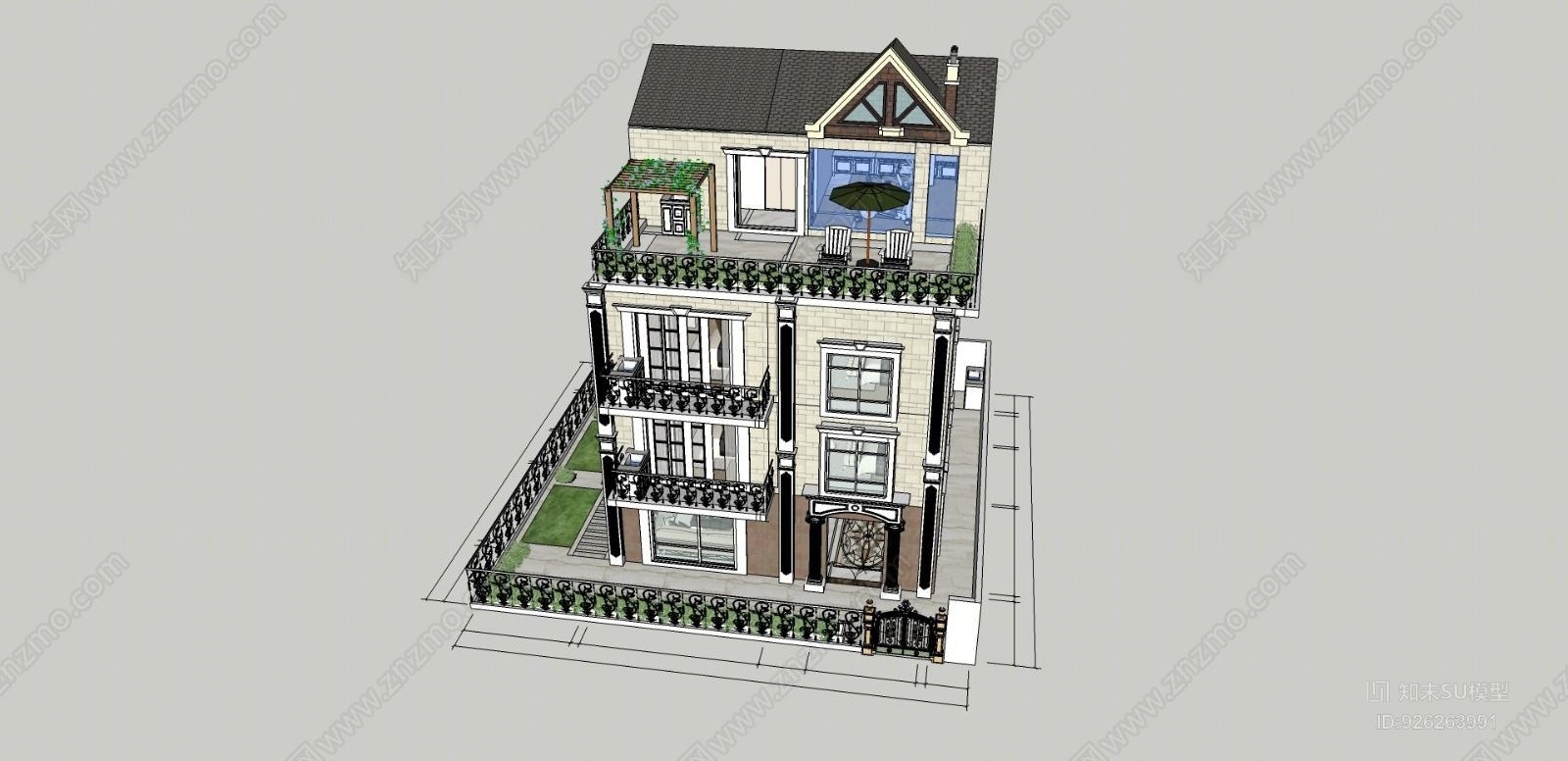 4层1000方大别墅不只是有花园每层都有家具钱SU模型下载【ID:926263991】