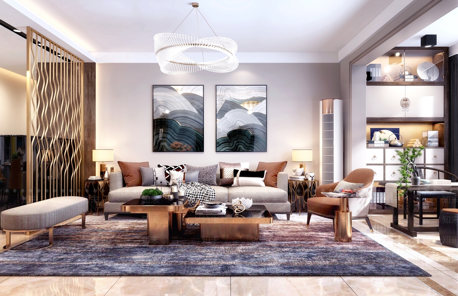 现代轻奢样板间客餐厅门厅3D模型下载【ID:735330866】