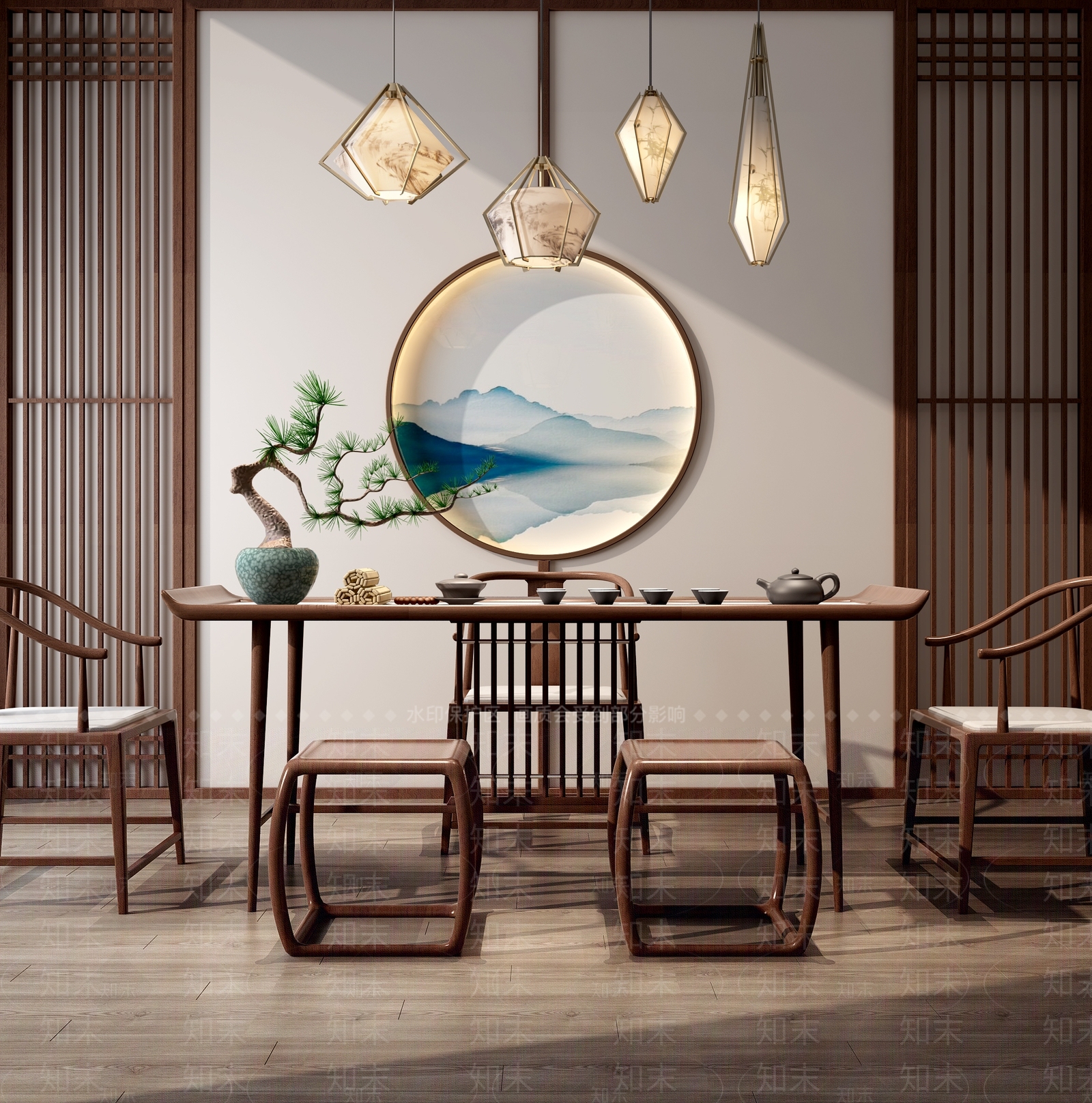 新中式风格实木茶桌3D模型下载【ID:932677880】