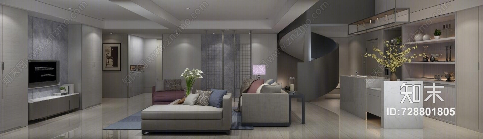 现代别墅复式挑高简约客厅3D模型下载【ID:728801805】