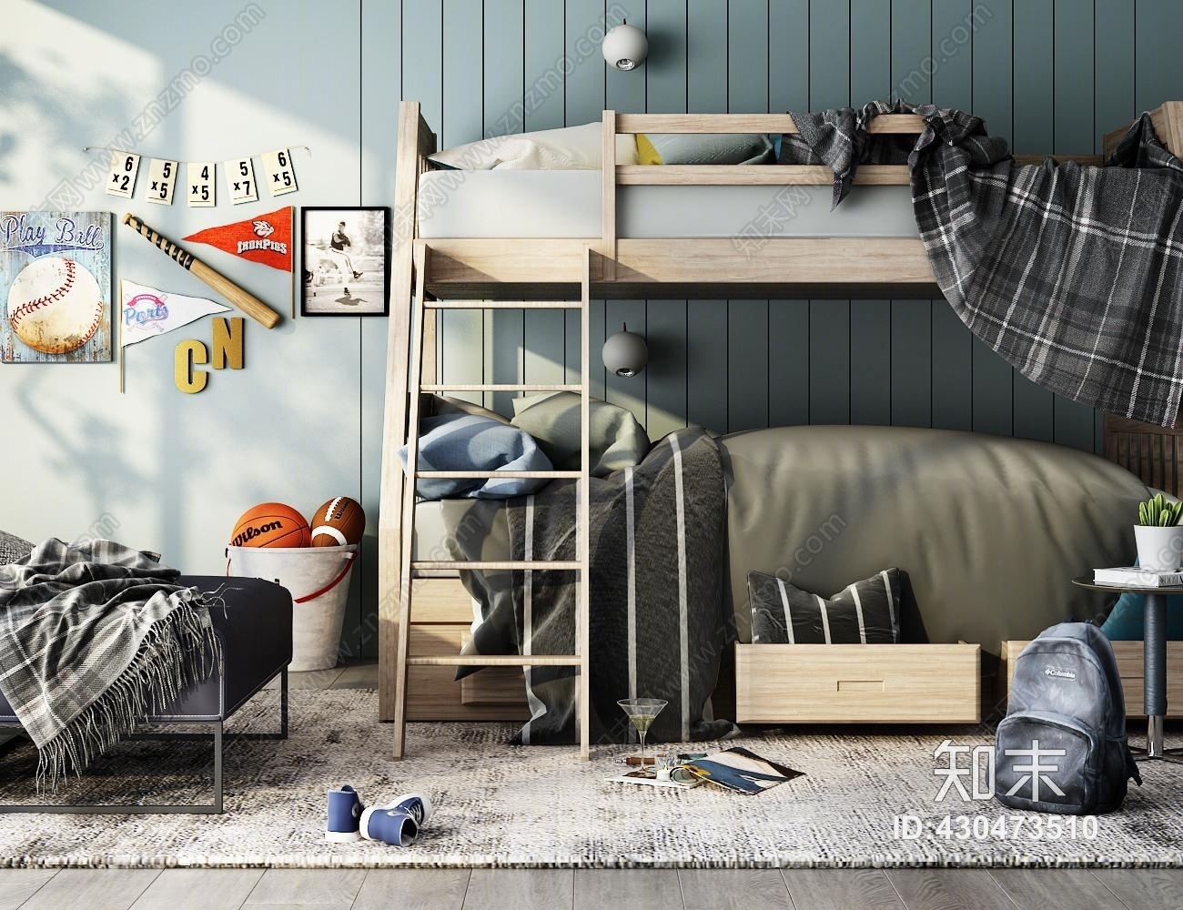 北欧男孩儿童房上下铺玩具3D模型下载【ID:430473510】