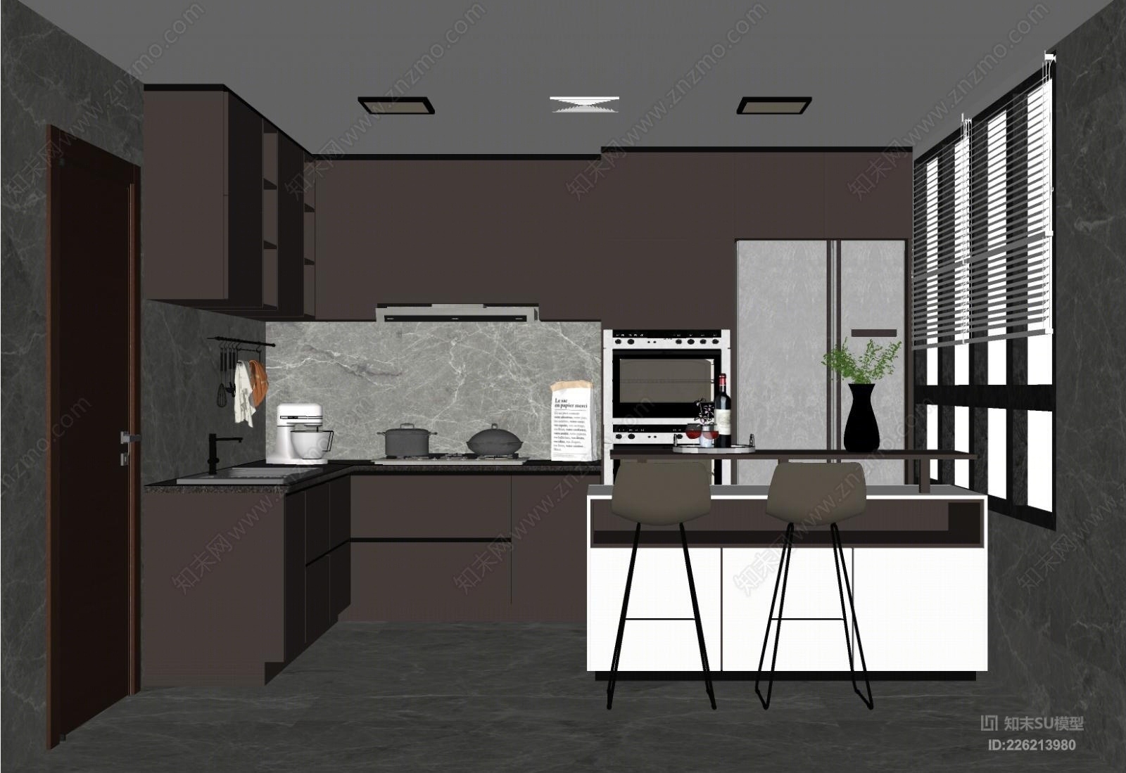 现代厨房橱柜吧台组合办公室SU模型下载【ID:226213980】