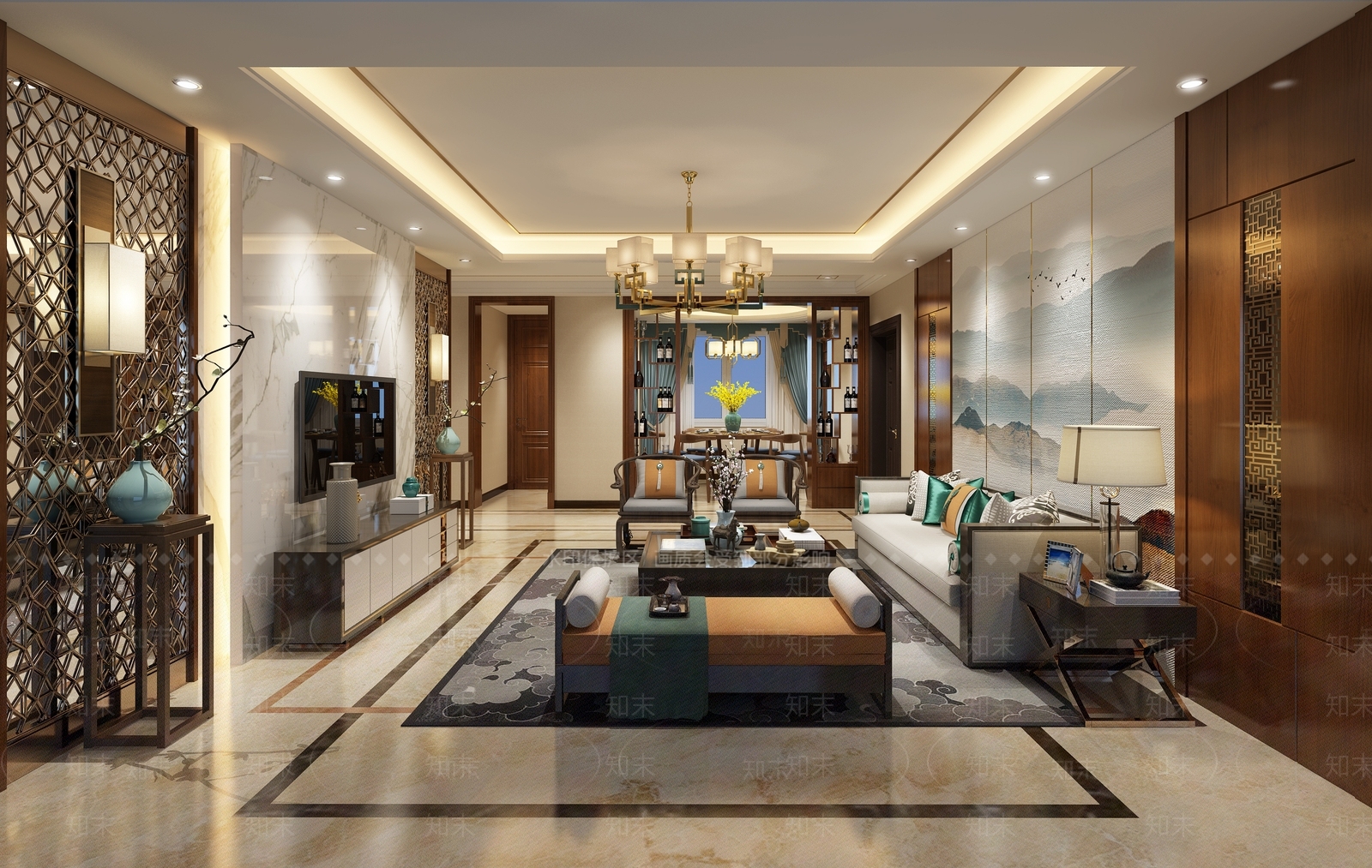 中式新中式客餐厅沙发茶几餐桌椅吊灯装饰柜中式玄关摆件电视柜3D模型下载【ID:832215396】