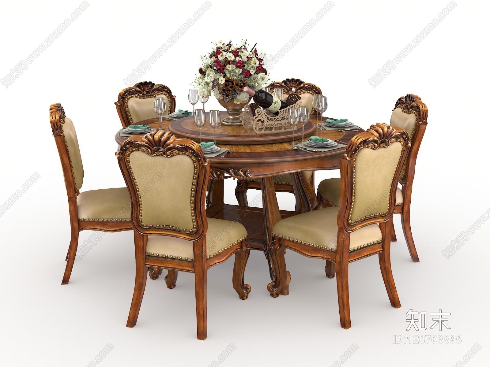 欧式古典餐桌椅组合模型3D模型下载【ID:128703898】