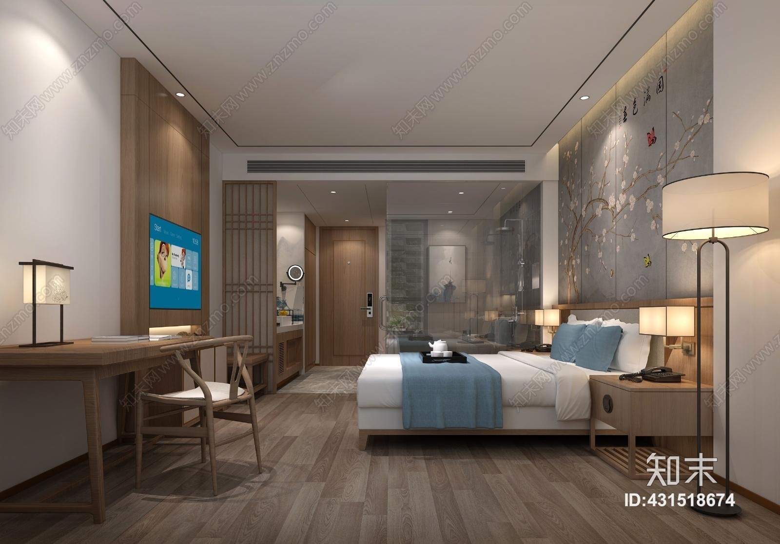 新中式酒店客房全景图3D模型下载【ID:431518674】