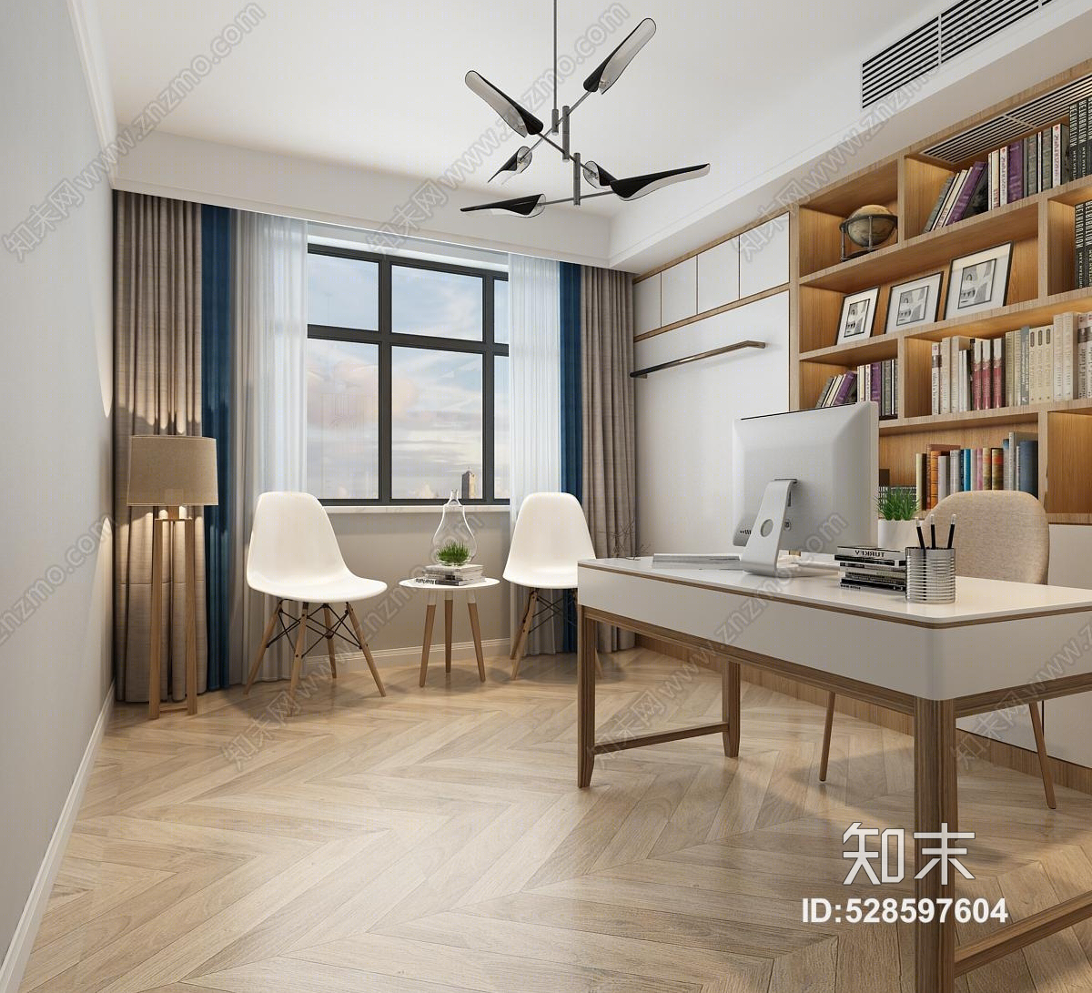 北欧书房书桌书椅吊灯书柜休闲椅3D模型下载【ID:528597604】
