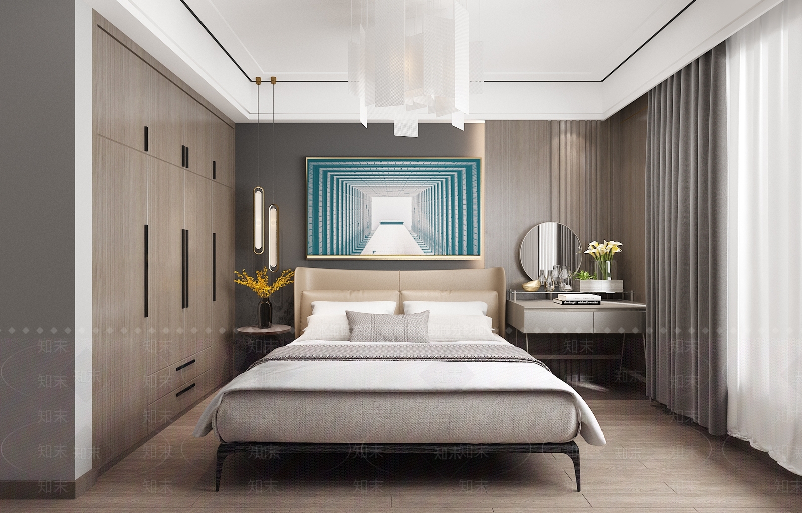 现代卧室挂画双人床梳妆台窗帘衣柜吊灯3D模型下载【ID:435279388】