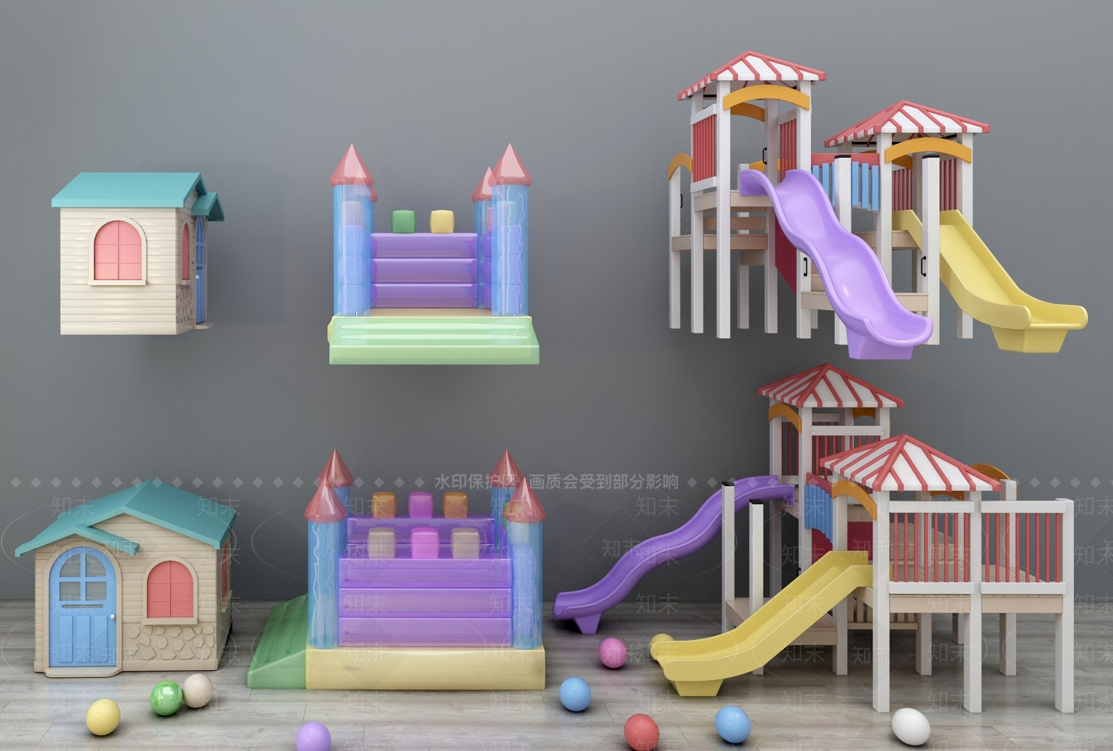 现代儿童滑滑梯蹦蹦床卡通建筑组合游乐设备游乐场3D模型下载【ID:232179430】