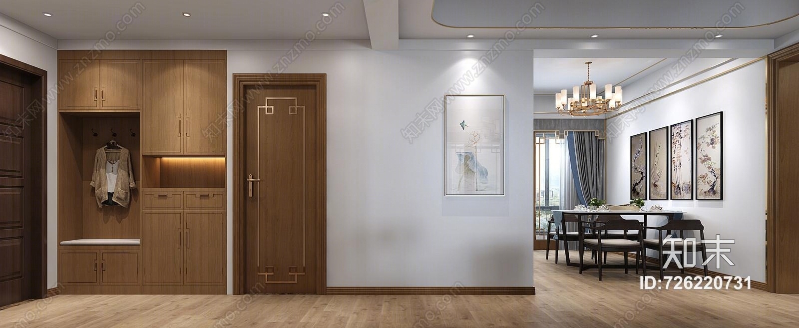 新中式客厅餐厅吊灯挂画窗帘墙画地毯地板祥云电视柜茶几鞋柜3D模型下载【ID:726220731】