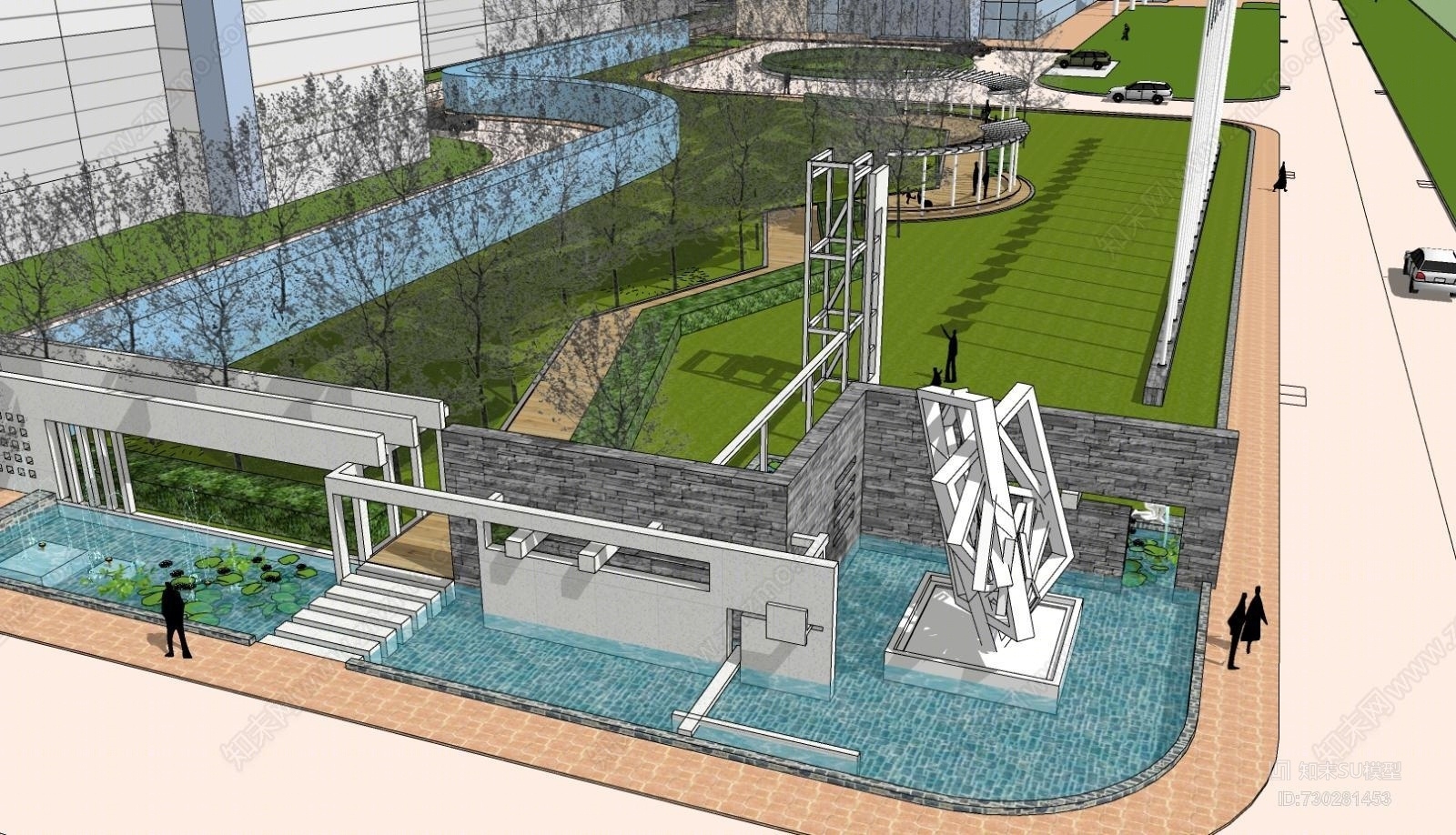 现代风格水池水景雕塑SU模型下载【ID:730281453】