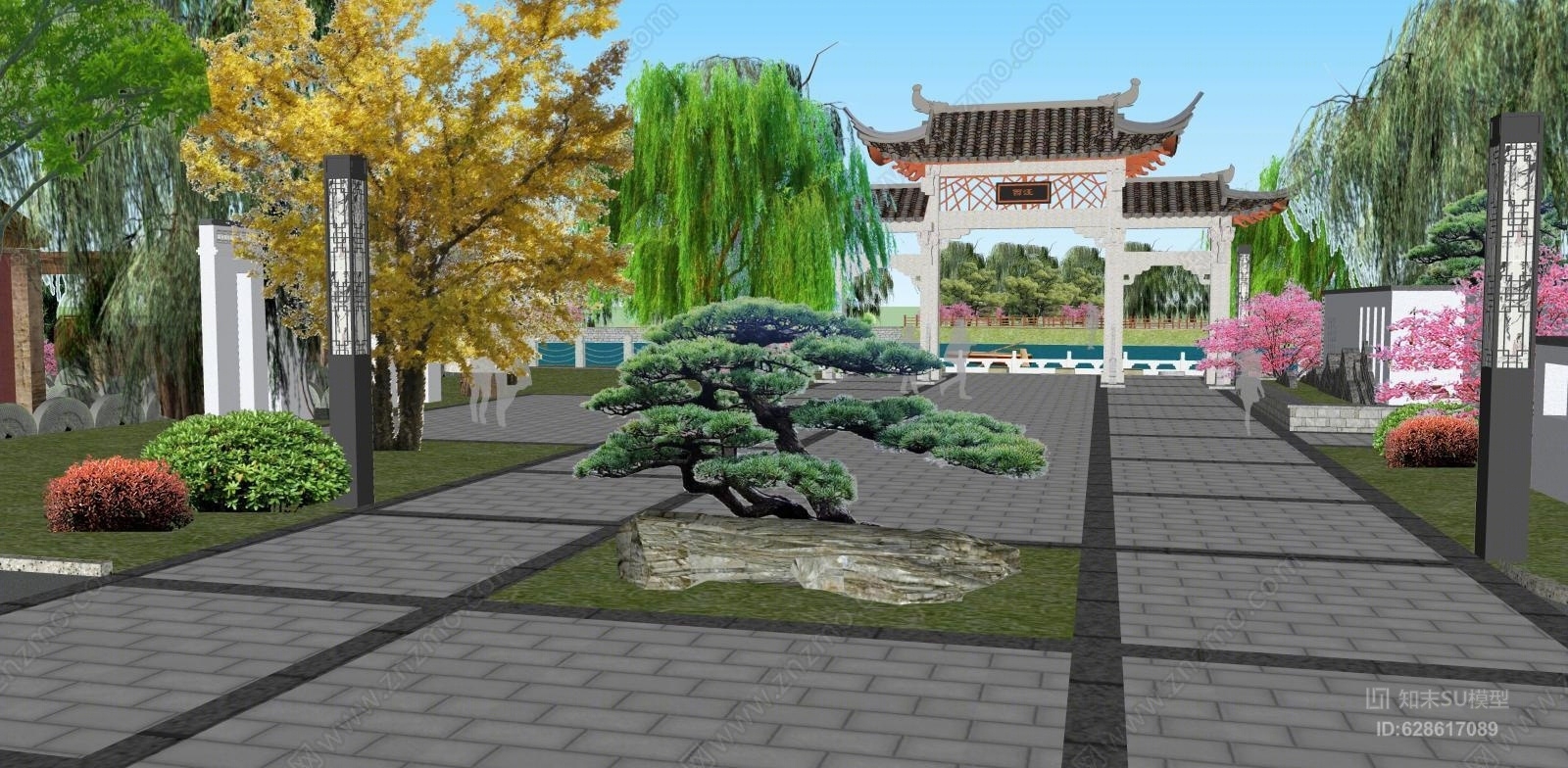 中式美丽乡村景观设计SU模型下载【ID:628617089】