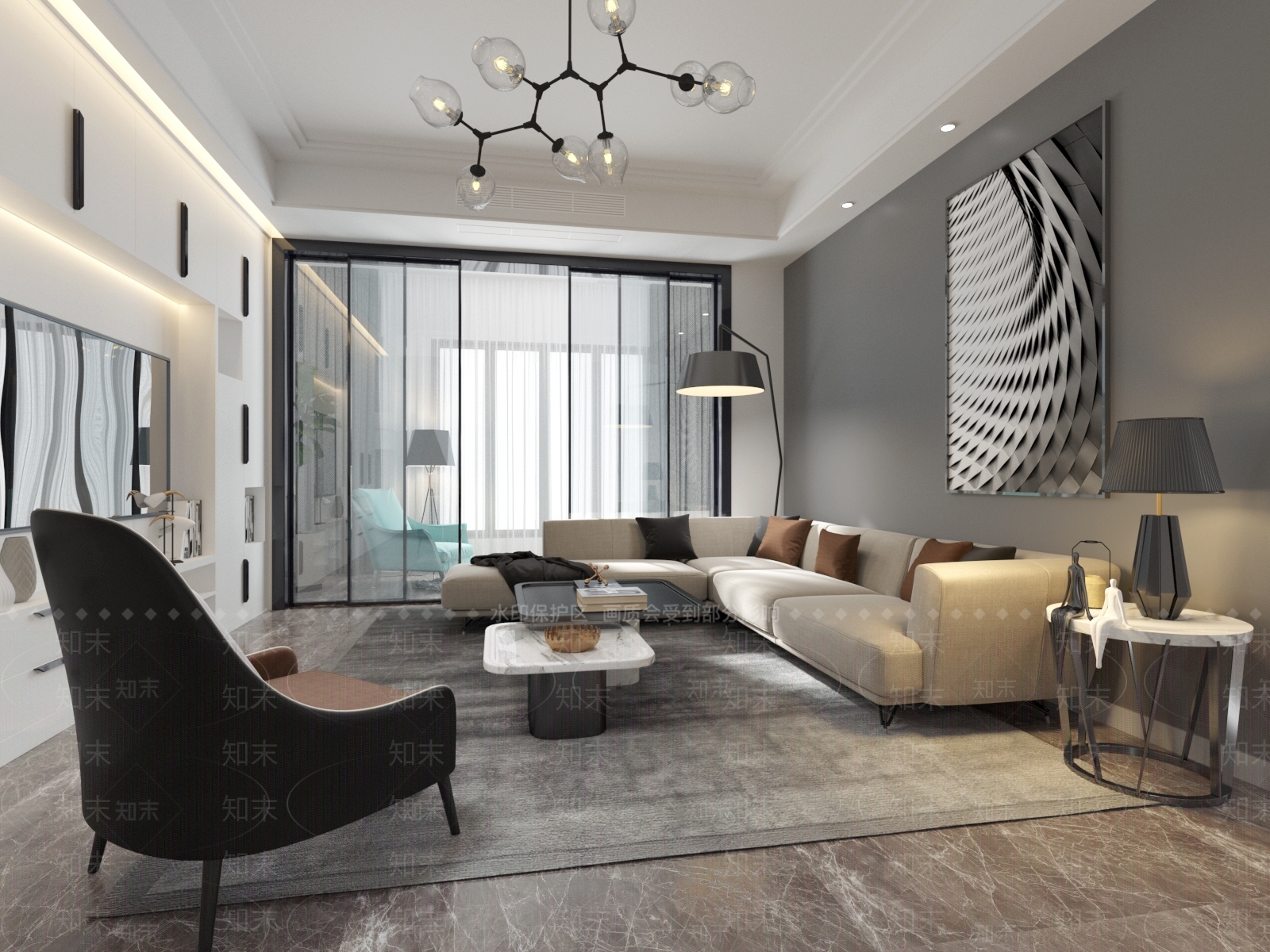 现代客厅转角沙发电视柜组合茶几装饰画吊灯单椅休闲椅落地灯3D模型下载【ID:732697770】