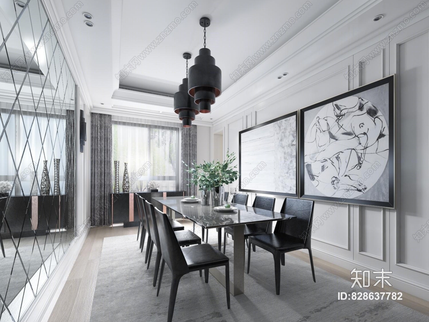 现代餐厅柜子餐桌组合3D模型下载【ID:828637782】