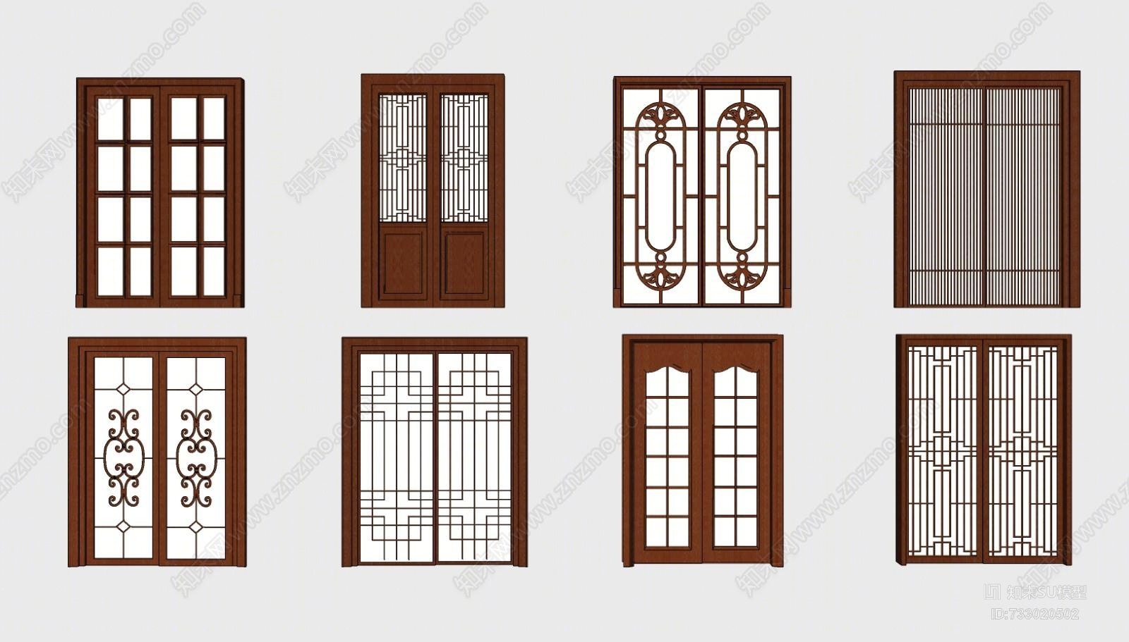 新中式實木推拉門組合su模型下載【id:733020502】