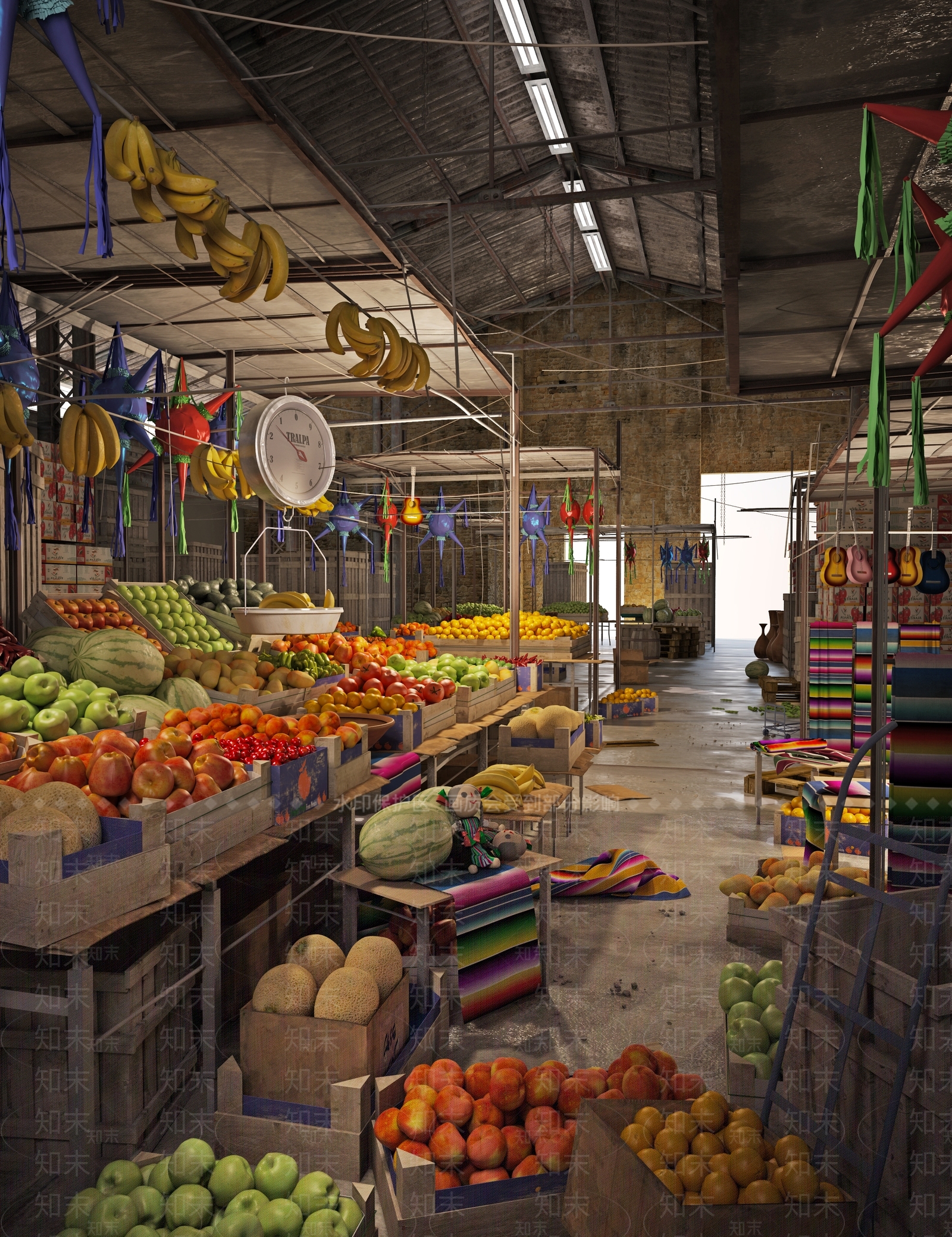 现代老旧厂房水果摊3D模型下载【ID:533833253】