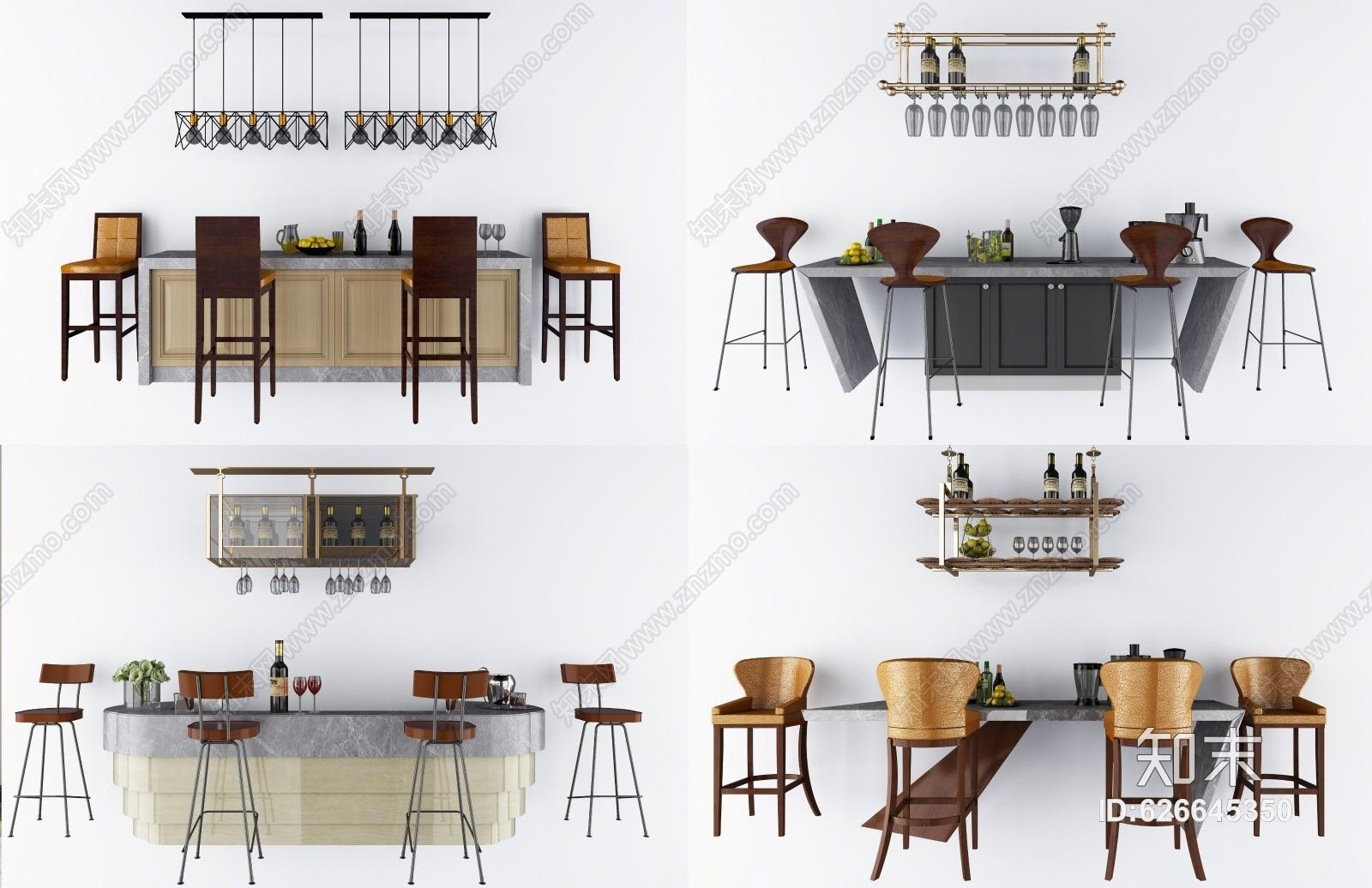 现代吧台吧椅组合模型3D模型下载【ID:626645350】