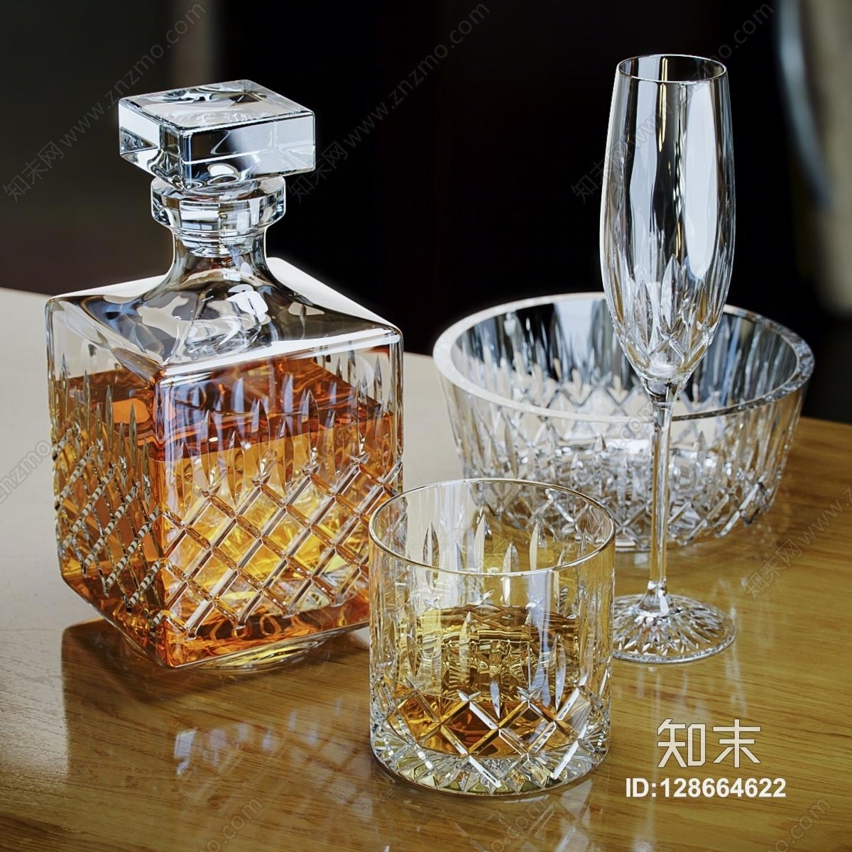 美式无铅水晶玻璃雕花威士忌酒杯酒瓶酒壶3D模型下载【ID:128664622】