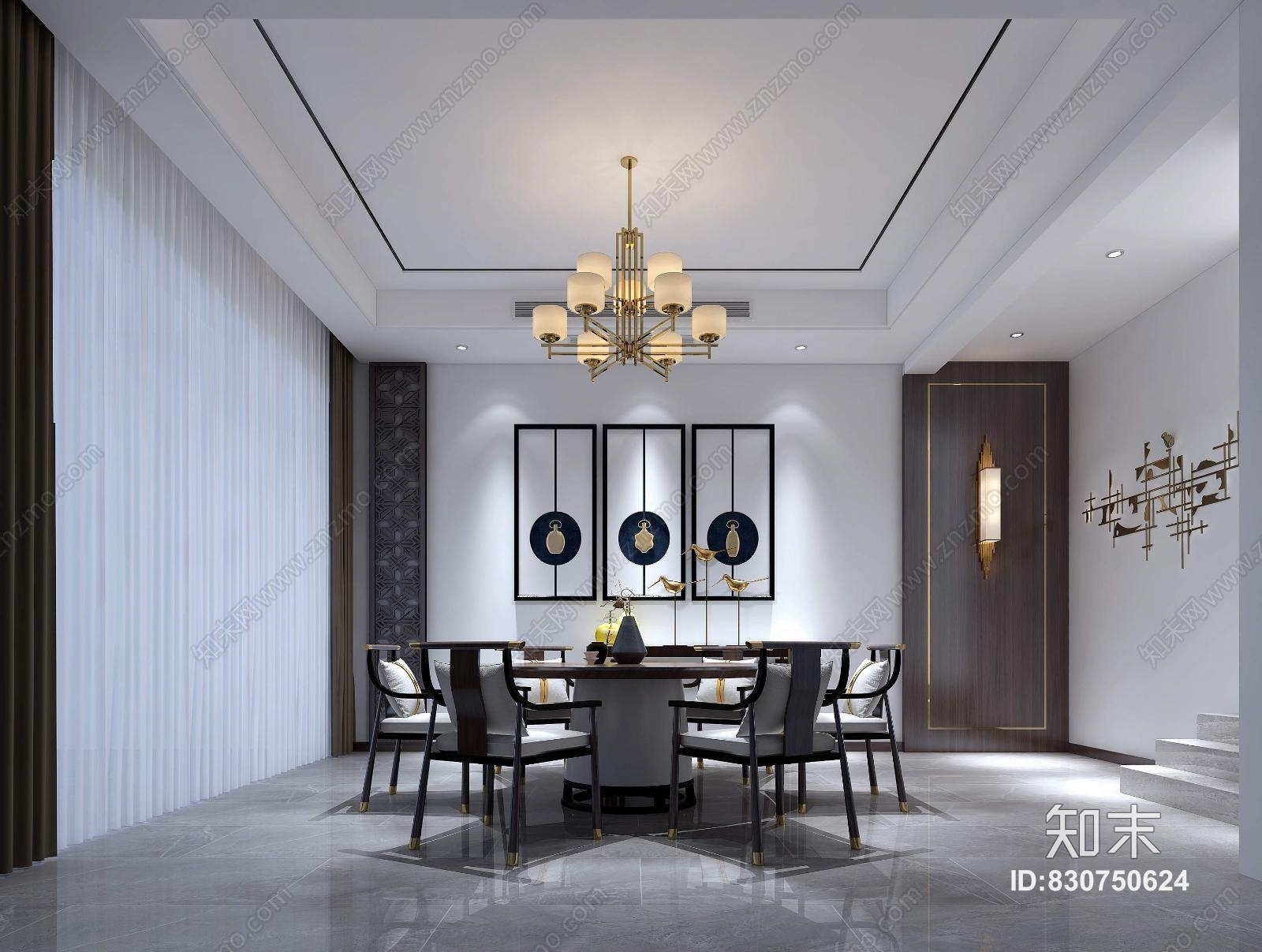 新中式现代中式卧室吊灯餐桌装饰画壁灯3D模型下载【ID:830750624】