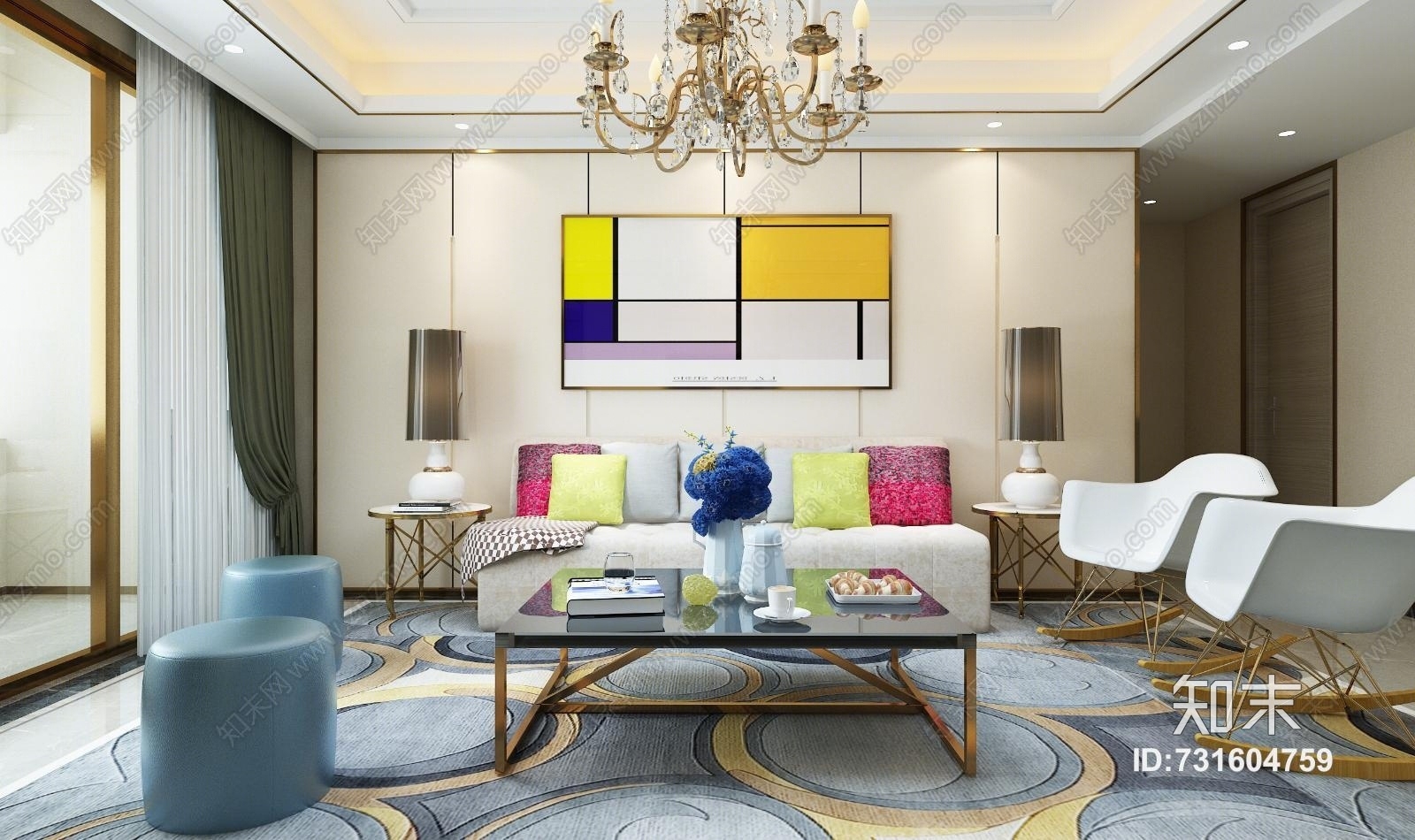 现代客厅餐厅整体装修3D模型下载【ID:731604759】