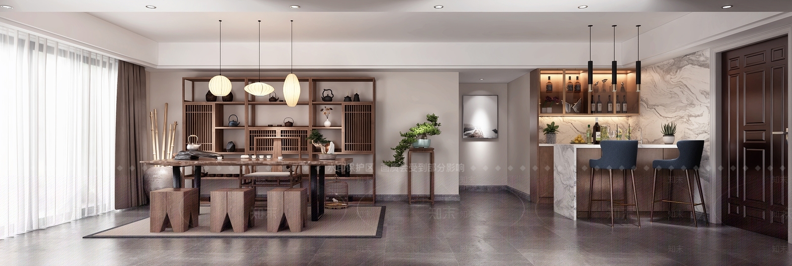 新中式茶室吧台吊灯博古架3D模型下载【ID:132461970】