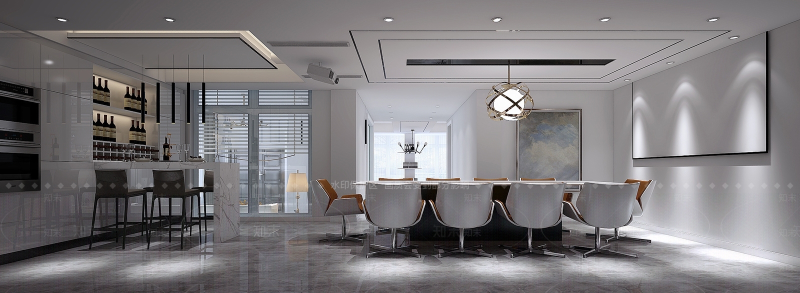现代会议室吧台椅子吊灯吧台酒柜3D模型下载【ID:832770671】