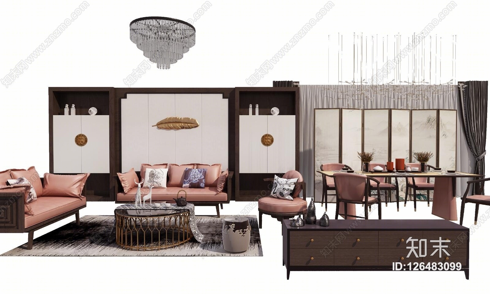 新中式沙发茶几餐桌屏风吊灯电视柜组合3D模型下载【ID:126483099】
