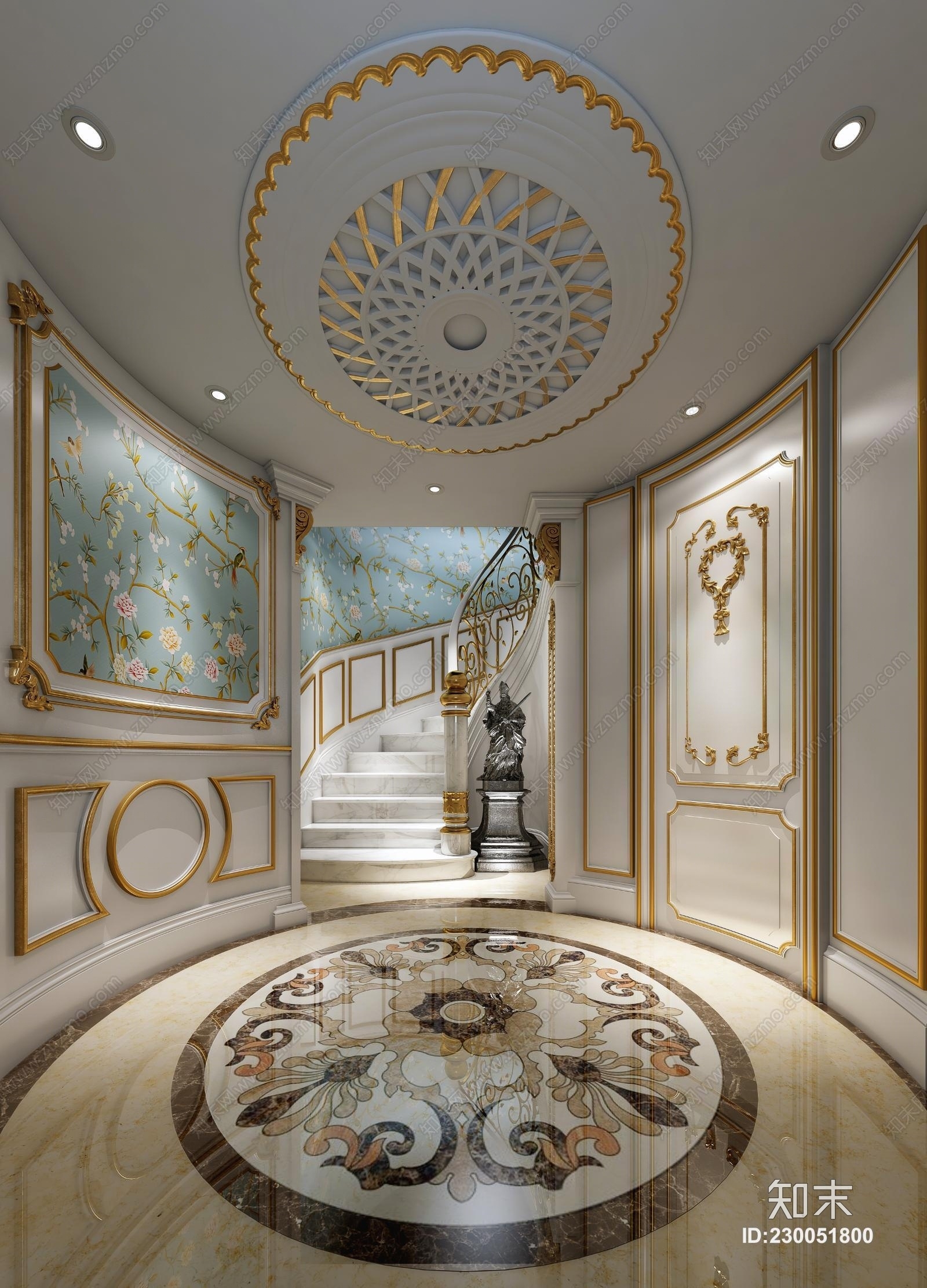 简欧法式欧式楼梯间护墙板灯盘雕塑3D模型下载【ID:230051800】